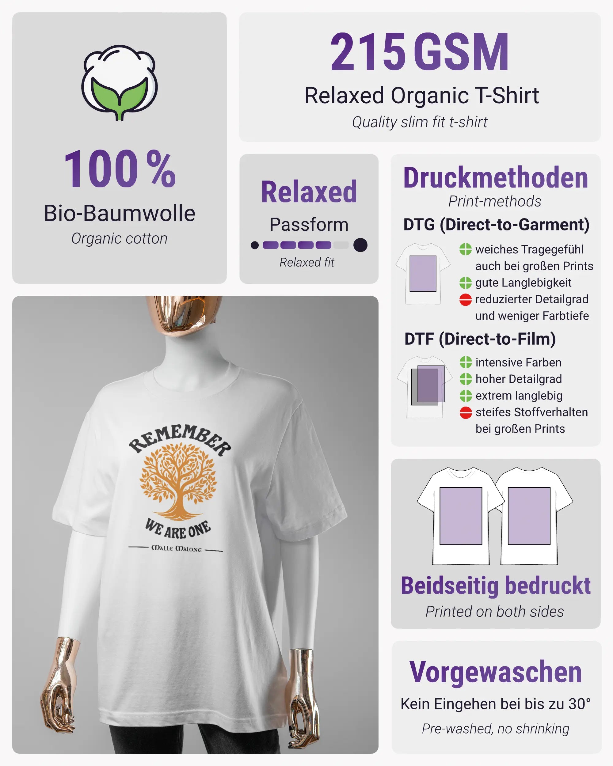 Produktinformationsblatt des Organic Unisex T-Shirt Relaxed von Maondo mit dem Design We are one vorne in der Farbe White und in der Größe S