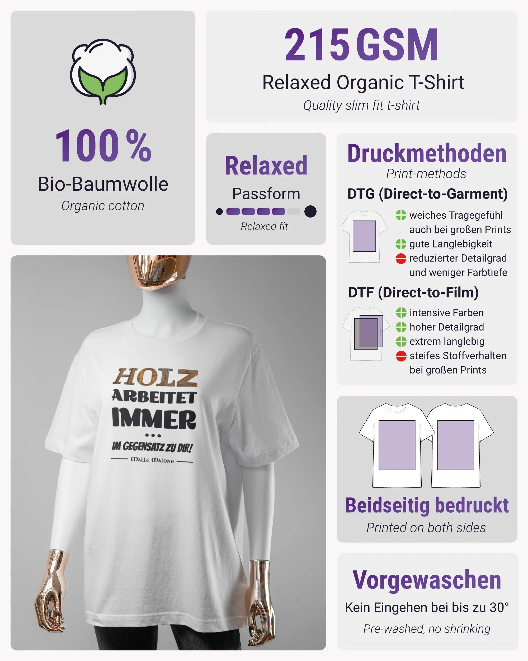 Produktinformationsblatt des Organic Unisex T-Shirt Relaxed von Maondo mit dem Design Holzarbeit vorne in der Farbe White und in der Größe S