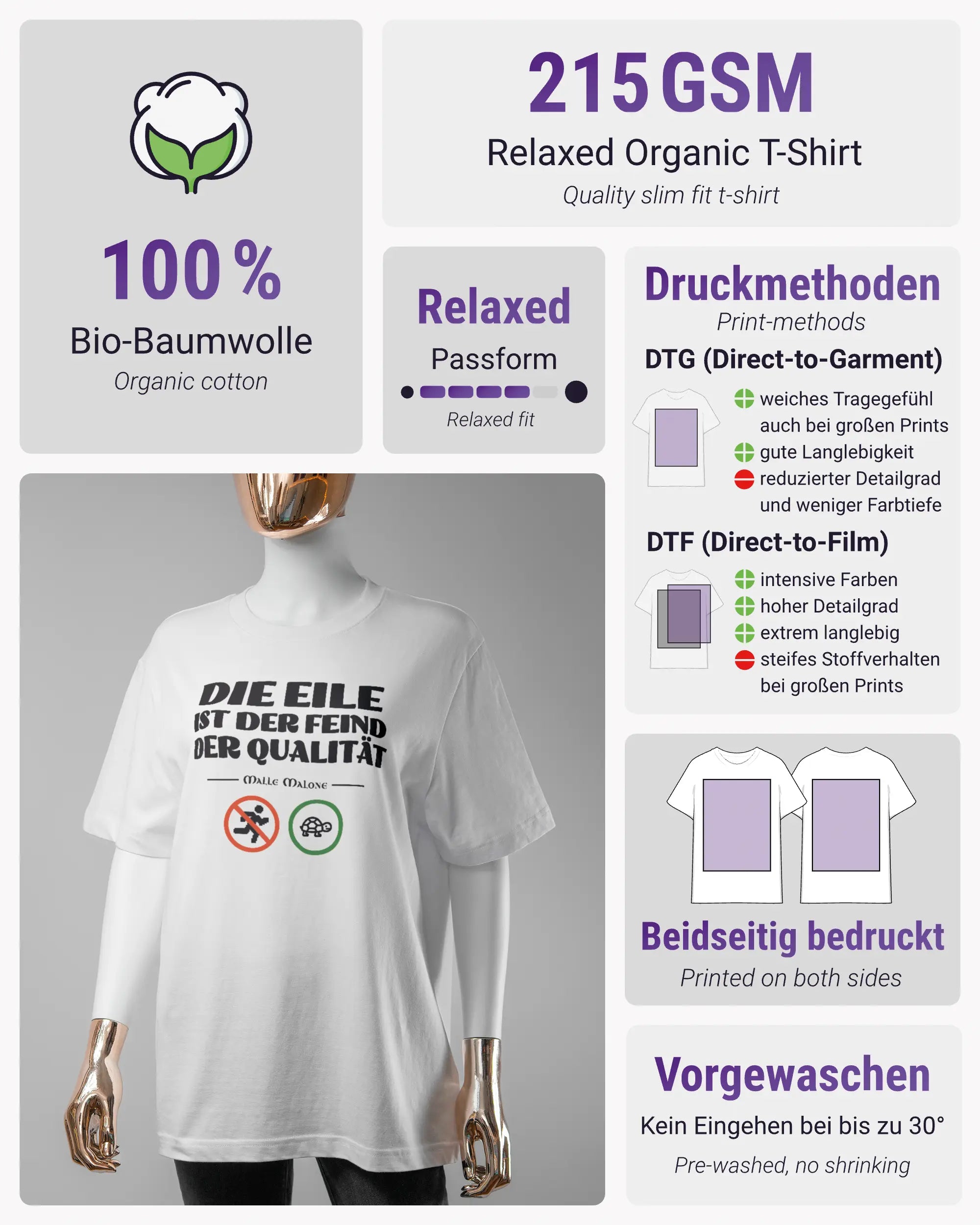 Produktinformationsblatt des Organic Unisex T-Shirt Relaxed von Maondo mit dem Design Keine Eile vorne in der Farbe White und in der Größe S
