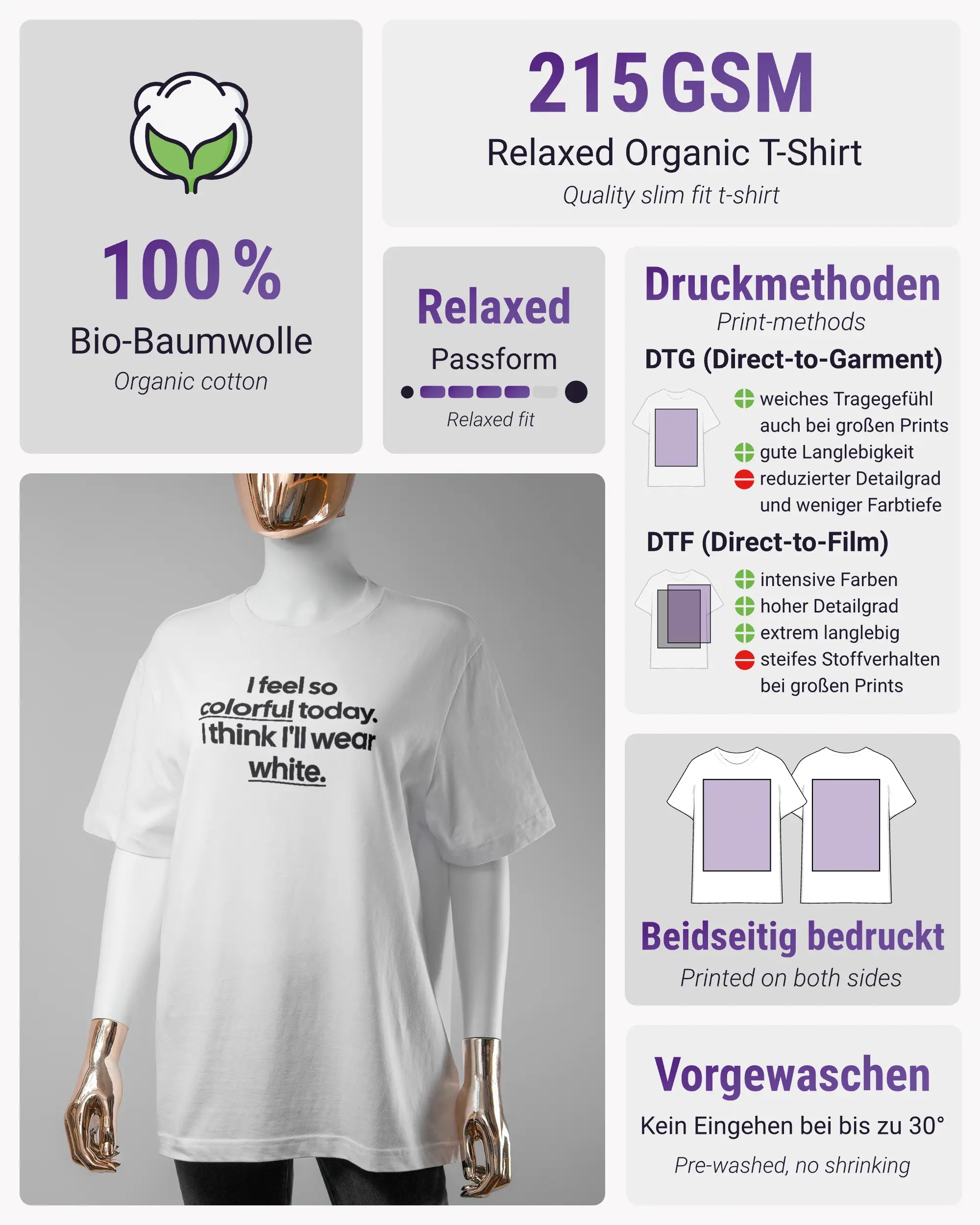 Produktinformationsblatt des Organic Unisex T-Shirt Relaxed von Maondo mit dem Design Colorful Day vorne in der Farbe White und in der Größe S