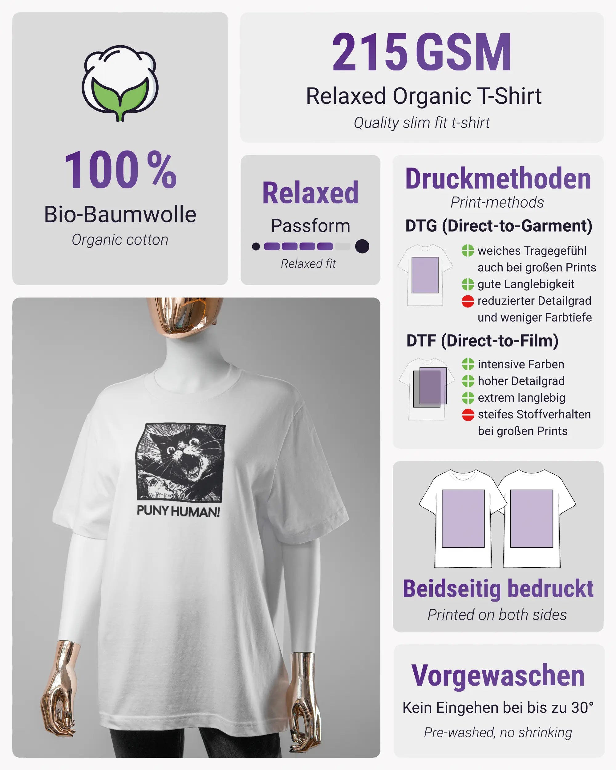 Produktinformationsblatt des Organic Unisex T-Shirt Relaxed von Maondo mit dem Design Puny Human vorne in der Farbe White und in der Größe S