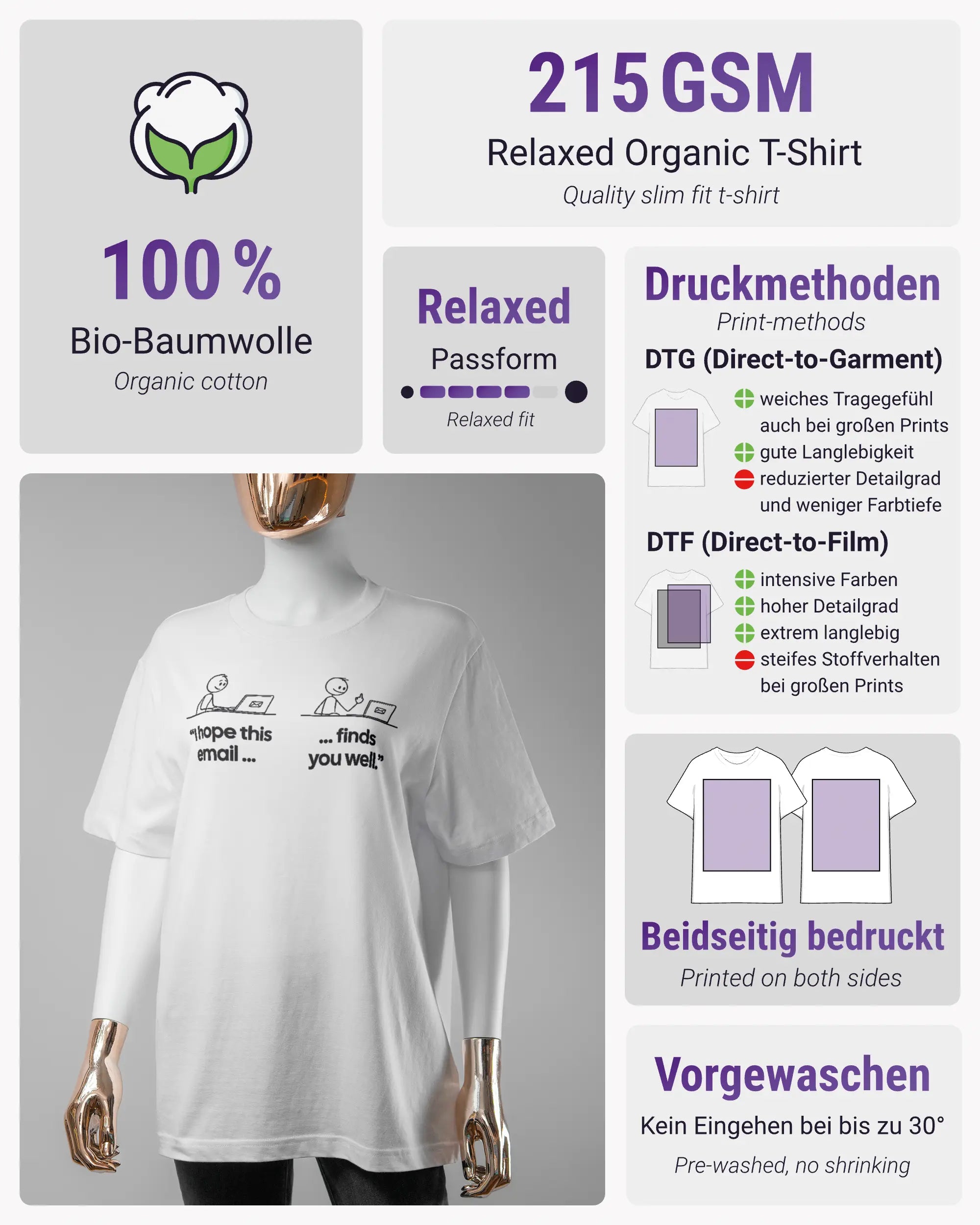Produktinformationsblatt des Organic Unisex T-Shirt Relaxed von Maondo mit dem Design Found me not well vorne in der Farbe White und in der Größe S