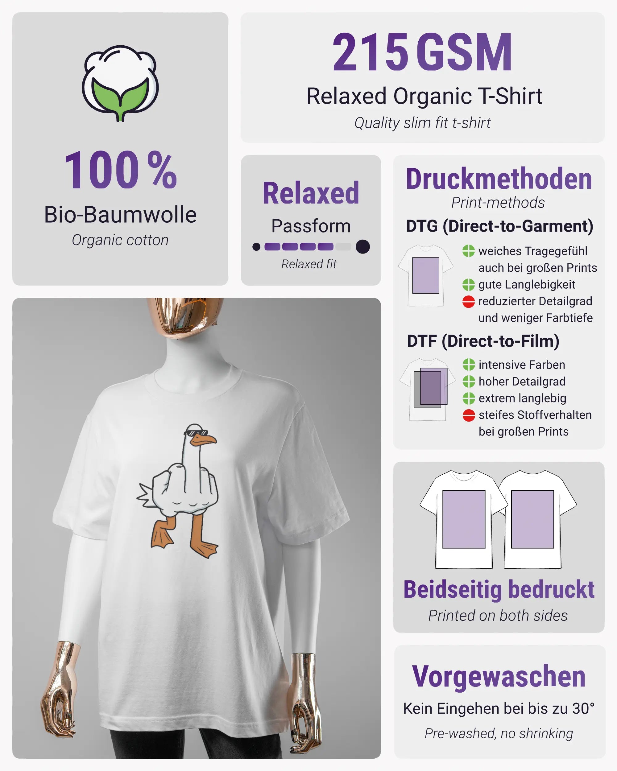 Produktinformationsblatt des Organic Unisex T-Shirt Relaxed von Maondo mit dem Design I give a duck vorne in der Farbe White und in der Größe S