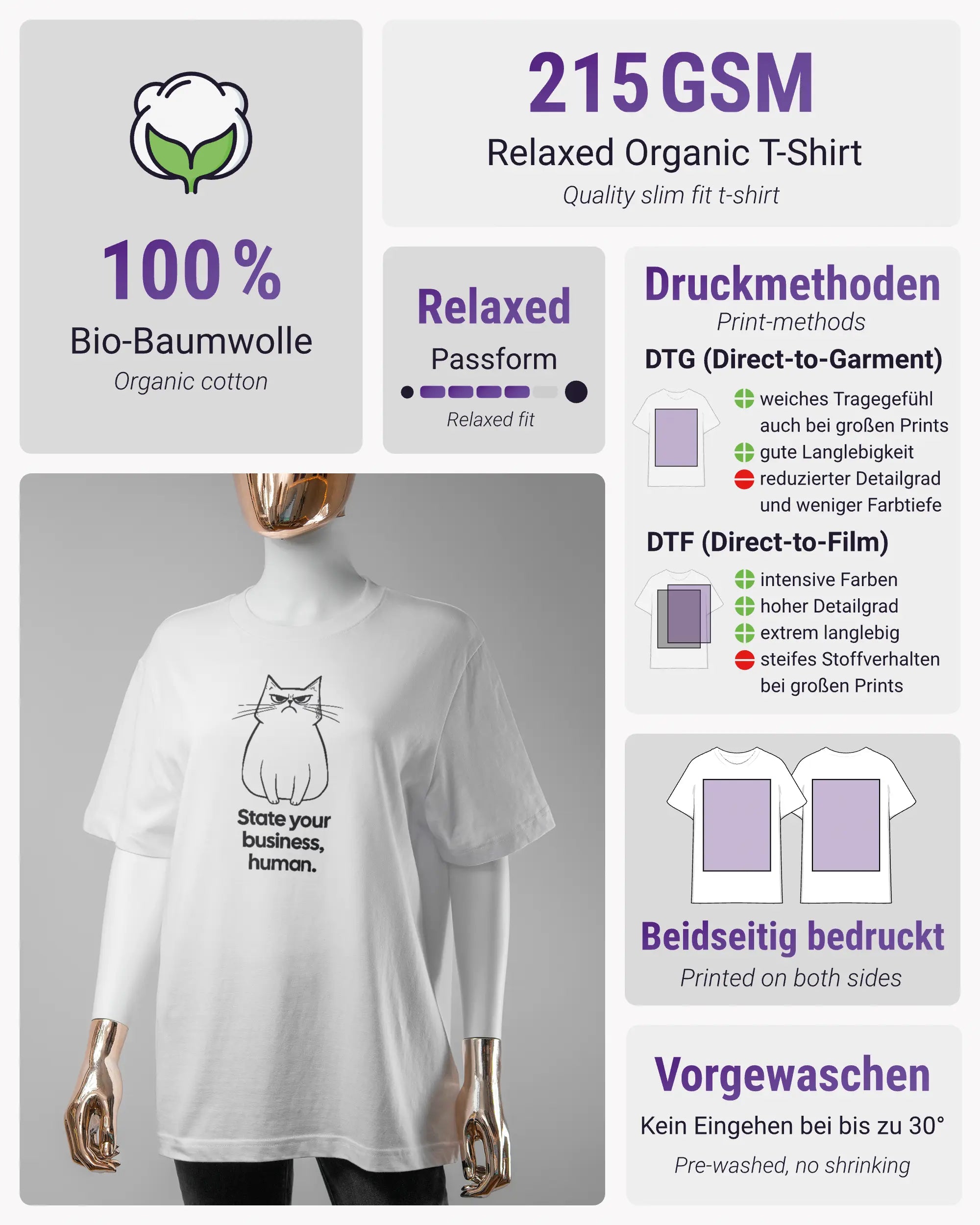 Produktinformationsblatt des Organic Unisex T-Shirt Relaxed von Maondo mit dem Design Grumpy Purr vorne in der Farbe White und in der Größe S