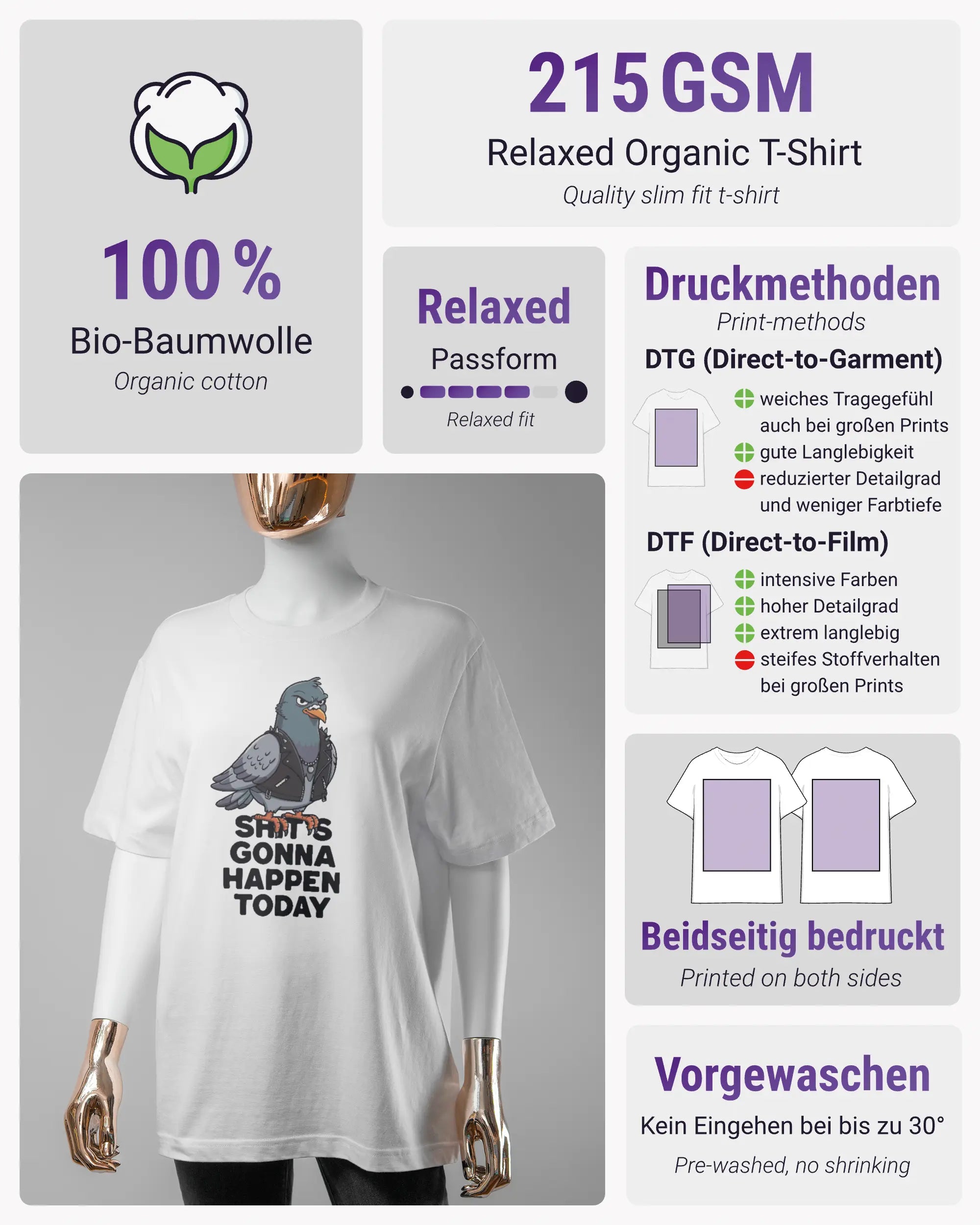 Produktinformationsblatt des Organic Unisex T-Shirt Relaxed von Maondo mit dem Design Pigeon Pun vorne in der Farbe White und in der Größe S