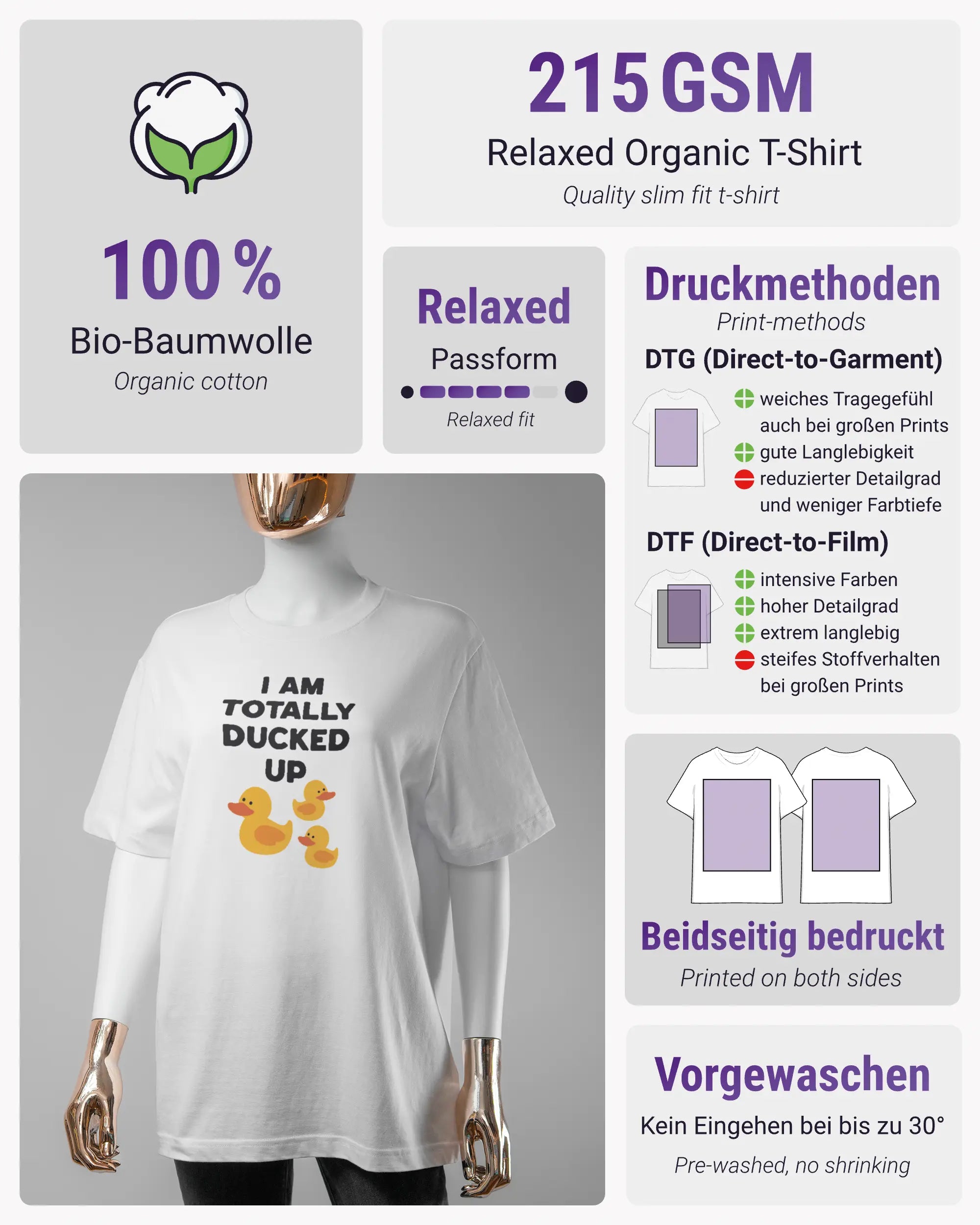 Produktinformationsblatt des Organic Unisex T-Shirt Relaxed von Maondo mit dem Design Ducked Up vorne in der Farbe White und in der Größe S