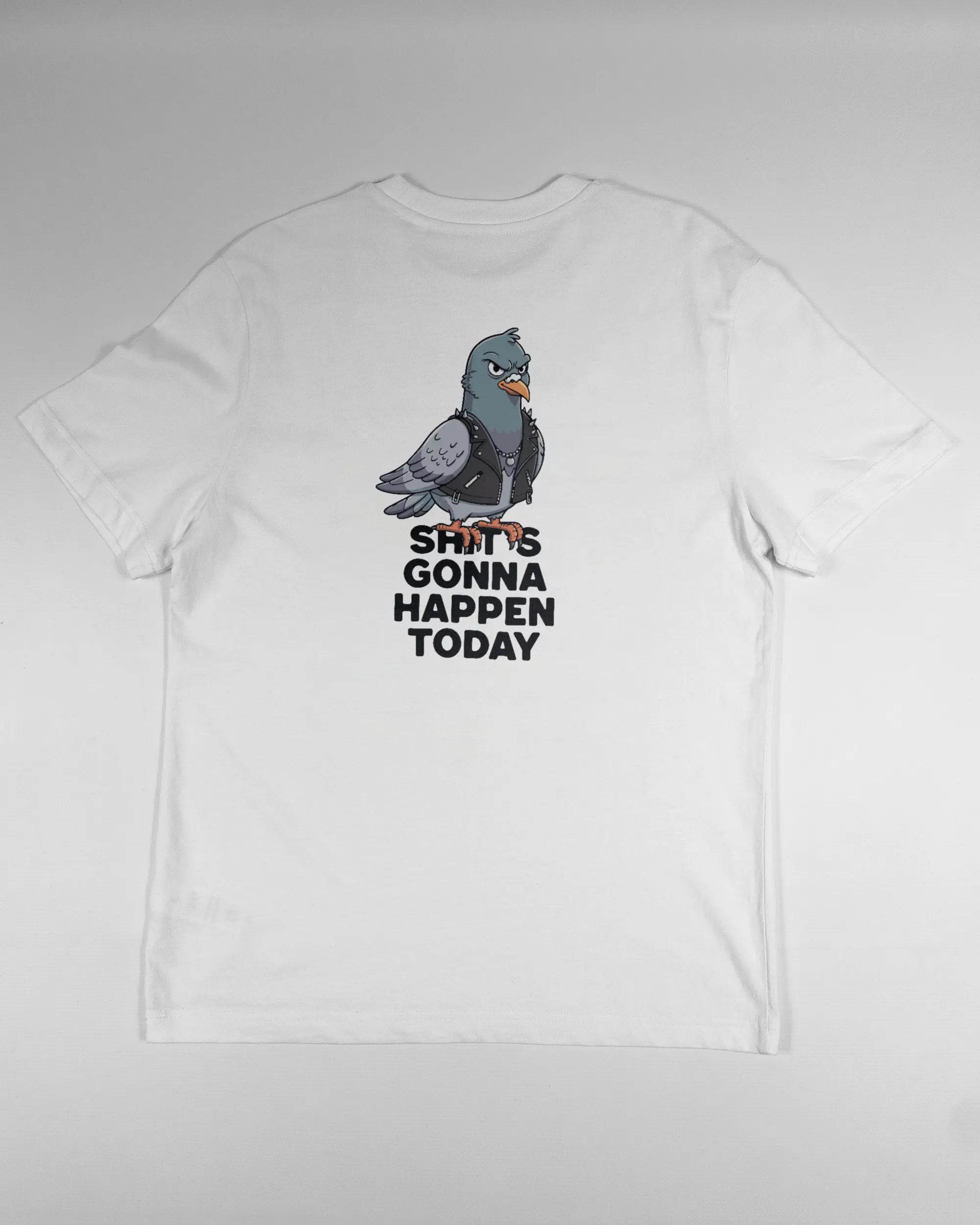 Rückseite des Organic Unisex T-Shirt Relaxed von Maondo mit dem Design Pigeon Pun in der Farbe White und in der Größe S flach auf den Boden gelegt