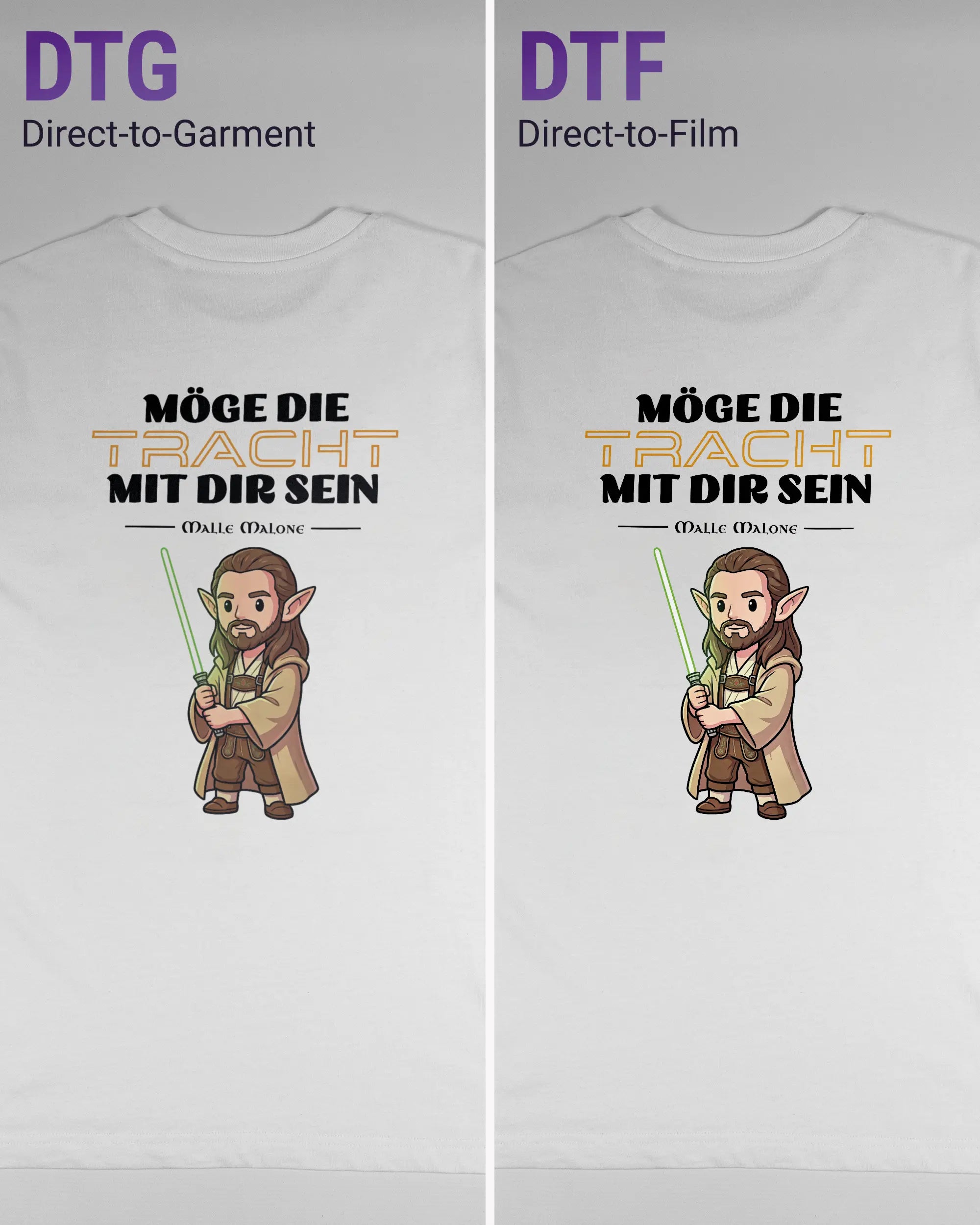 Vergleich der Rückseiten des Organic Unisex T-Shirt Relaxed von Maondo mit dem Design Tracht mit dir in der Farbe White und in der Größe S links mit dem Direct-to-Garment und rechts mit dem Direct-to-Film Verfahren