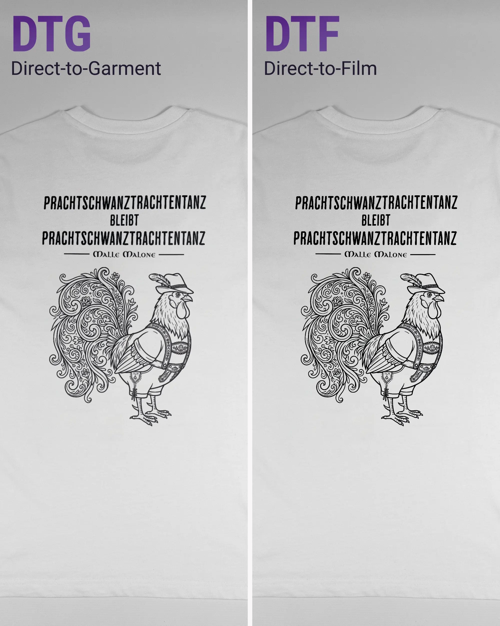 Vergleich der Rückseiten des Organic Unisex T-Shirt Relaxed von Maondo mit dem Design Trachtentanz in der Farbe White und in der Größe S links mit dem Direct-to-Garment und rechts mit dem Direct-to-Film Verfahren