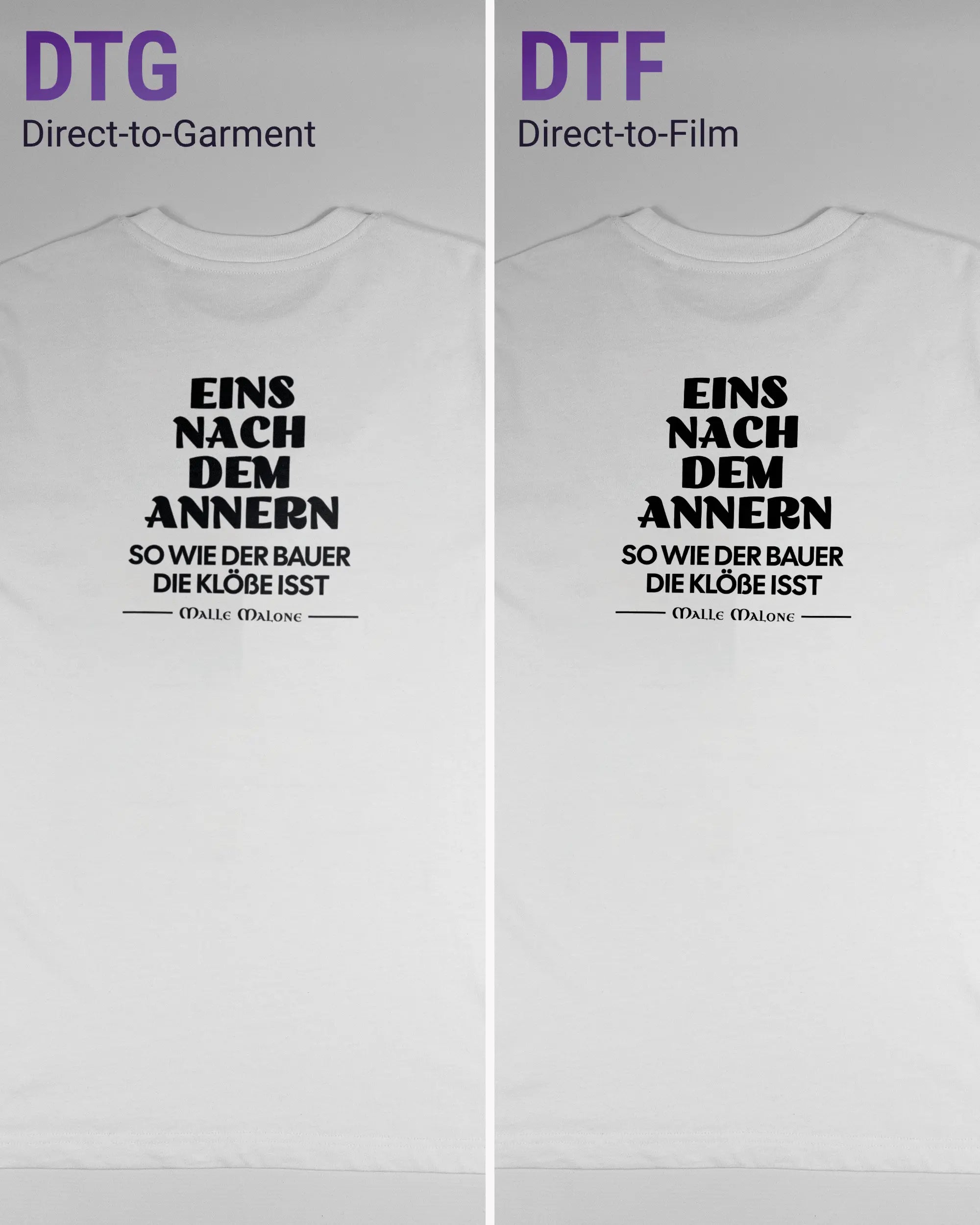 Vergleich der Rückseiten des Organic Unisex T-Shirt Relaxed von Maondo mit dem Design Eins nach dem Annern in der Farbe White und in der Größe S links mit dem Direct-to-Garment und rechts mit dem Direct-to-Film Verfahren