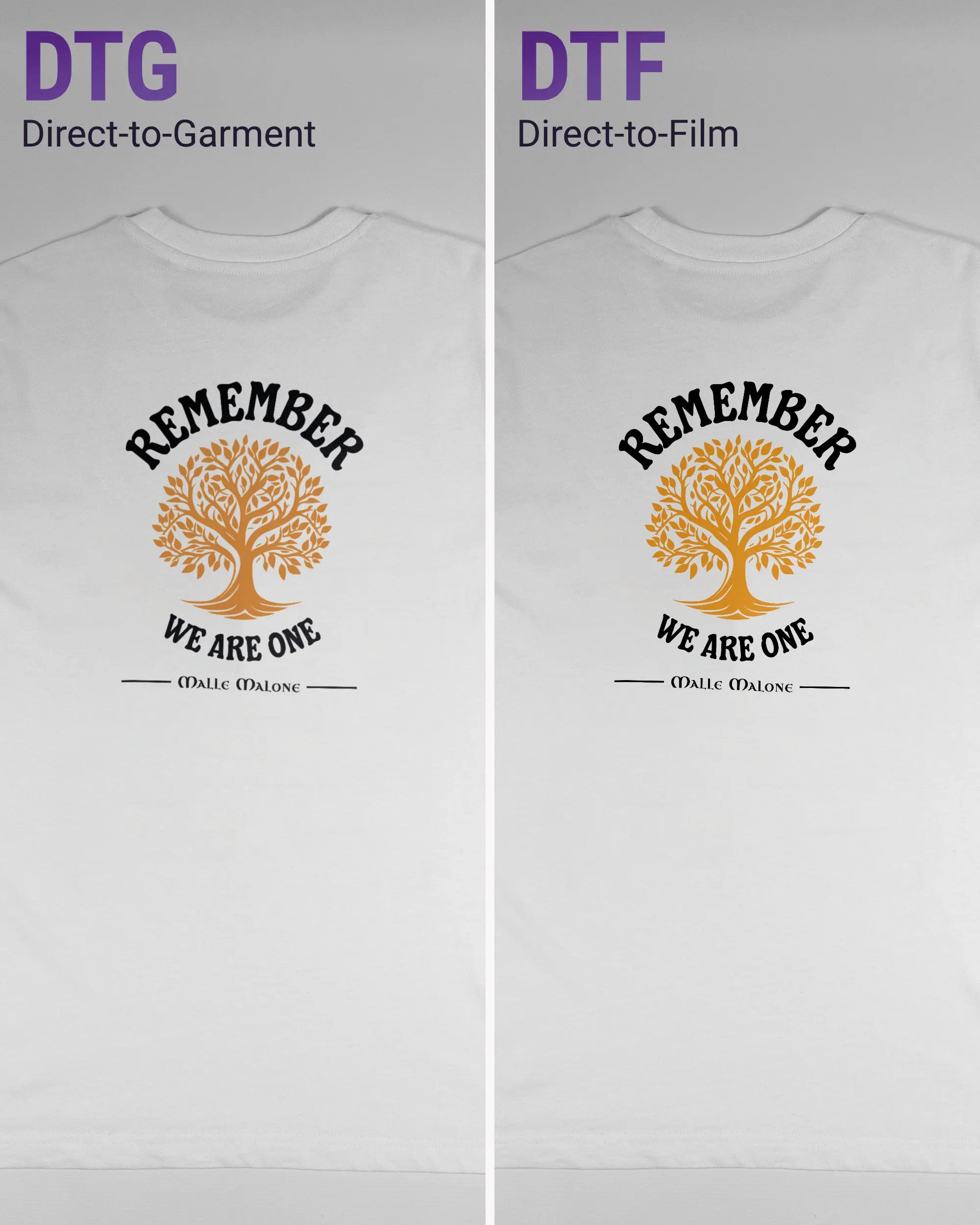 Vergleich der Rückseiten des Organic Unisex T-Shirt Relaxed von Maondo mit dem Design We are one in der Farbe White und in der Größe S links mit dem Direct-to-Garment und rechts mit dem Direct-to-Film Verfahren