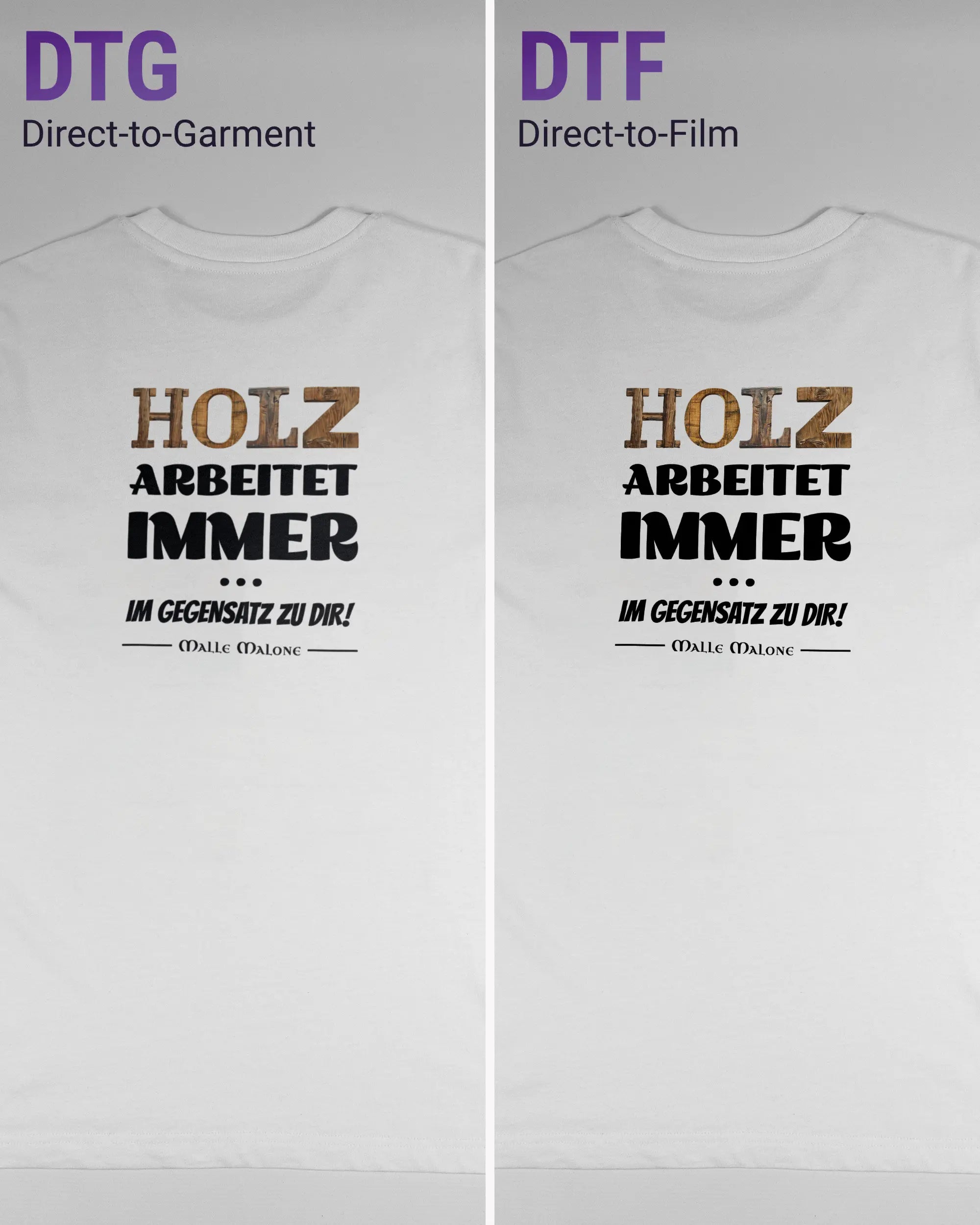 Vergleich der Rückseiten des Organic Unisex T-Shirt Relaxed von Maondo mit dem Design Holzarbeit in der Farbe White und in der Größe S links mit dem Direct-to-Garment und rechts mit dem Direct-to-Film Verfahren