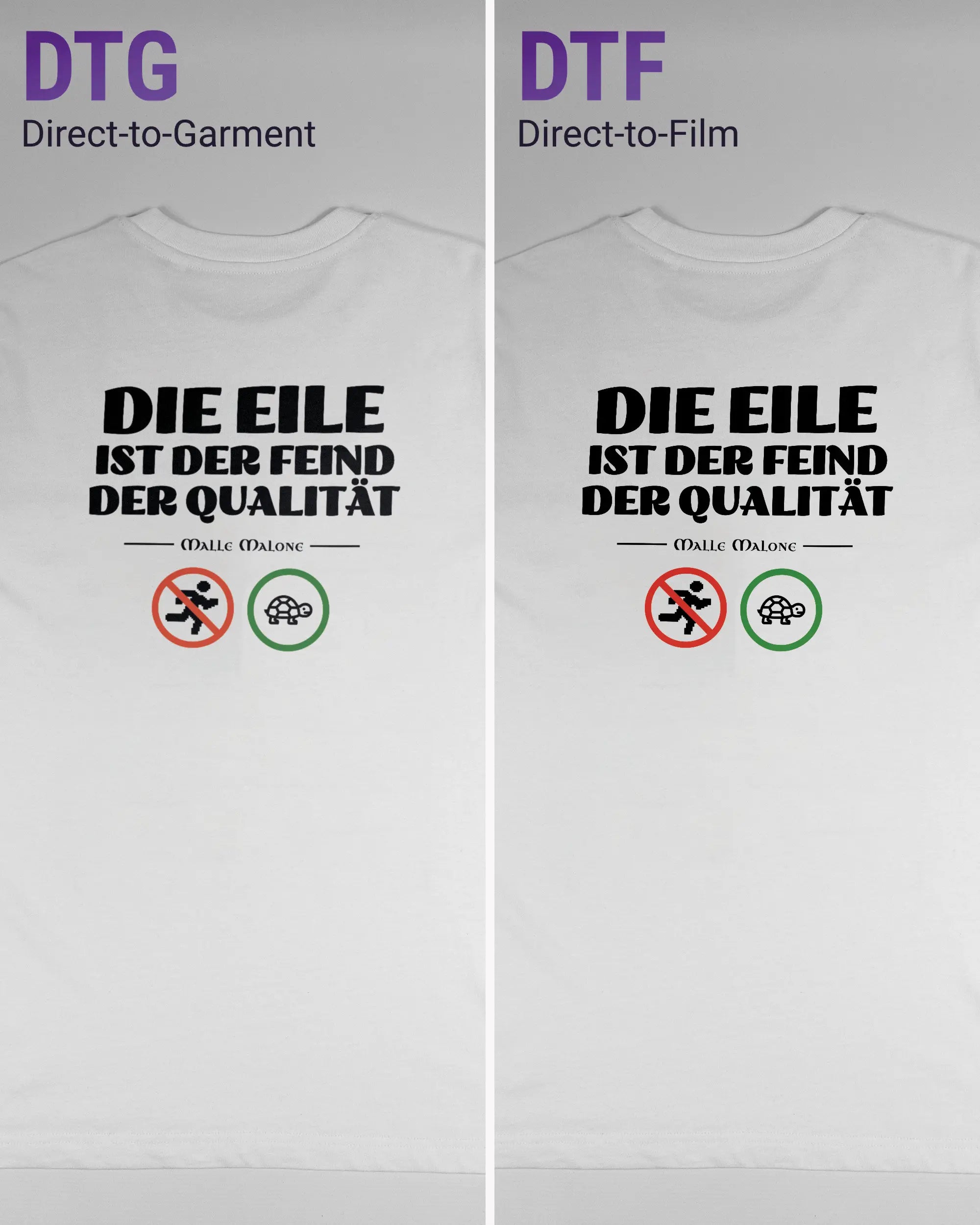 Vergleich der Rückseiten des Organic Unisex T-Shirt Relaxed von Maondo mit dem Design Keine Eile in der Farbe White und in der Größe S links mit dem Direct-to-Garment und rechts mit dem Direct-to-Film Verfahren