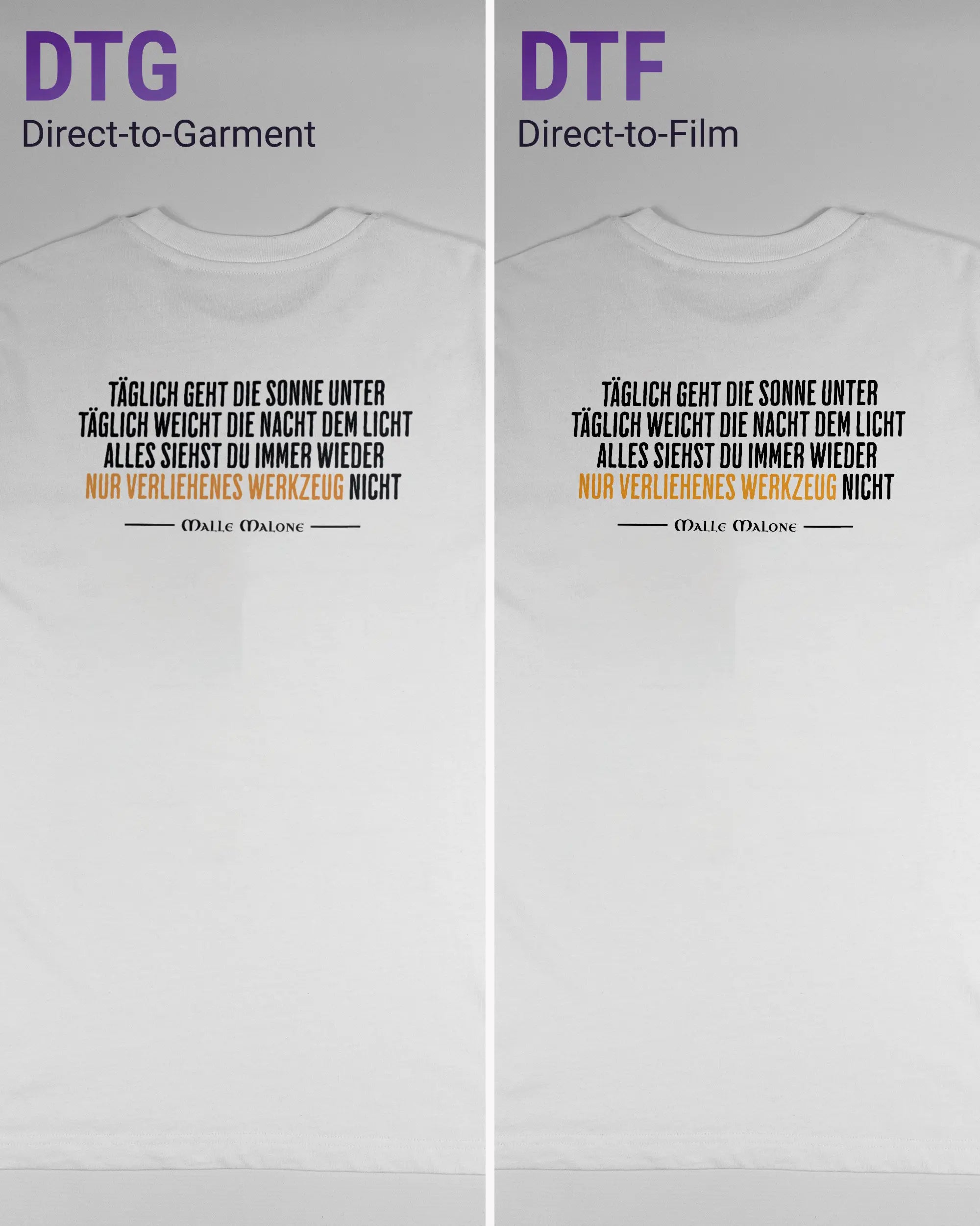 Vergleich der Rückseiten des Organic Unisex T-Shirt Relaxed von Maondo mit dem Design Wegzeug in der Farbe White und in der Größe S links mit dem Direct-to-Garment und rechts mit dem Direct-to-Film Verfahren