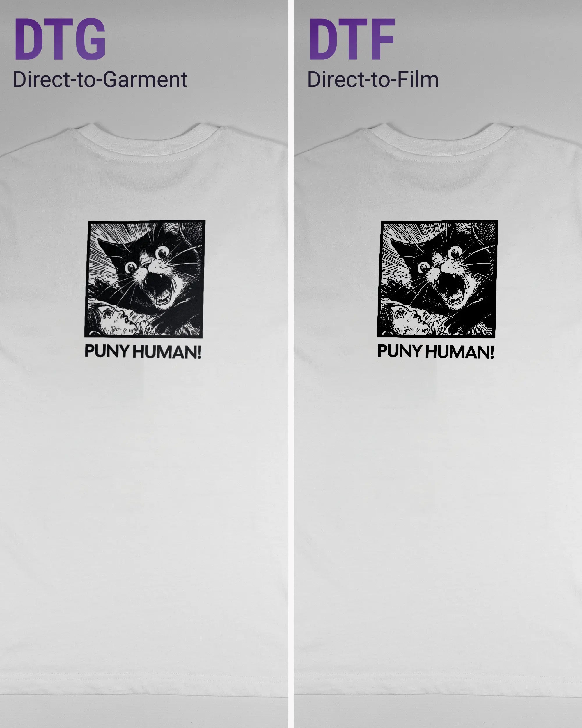 Vergleich der Rückseiten des Organic Unisex T-Shirt Relaxed von Maondo mit dem Design Puny Human in der Farbe White und in der Größe S links mit dem Direct-to-Garment und rechts mit dem Direct-to-Film Verfahren