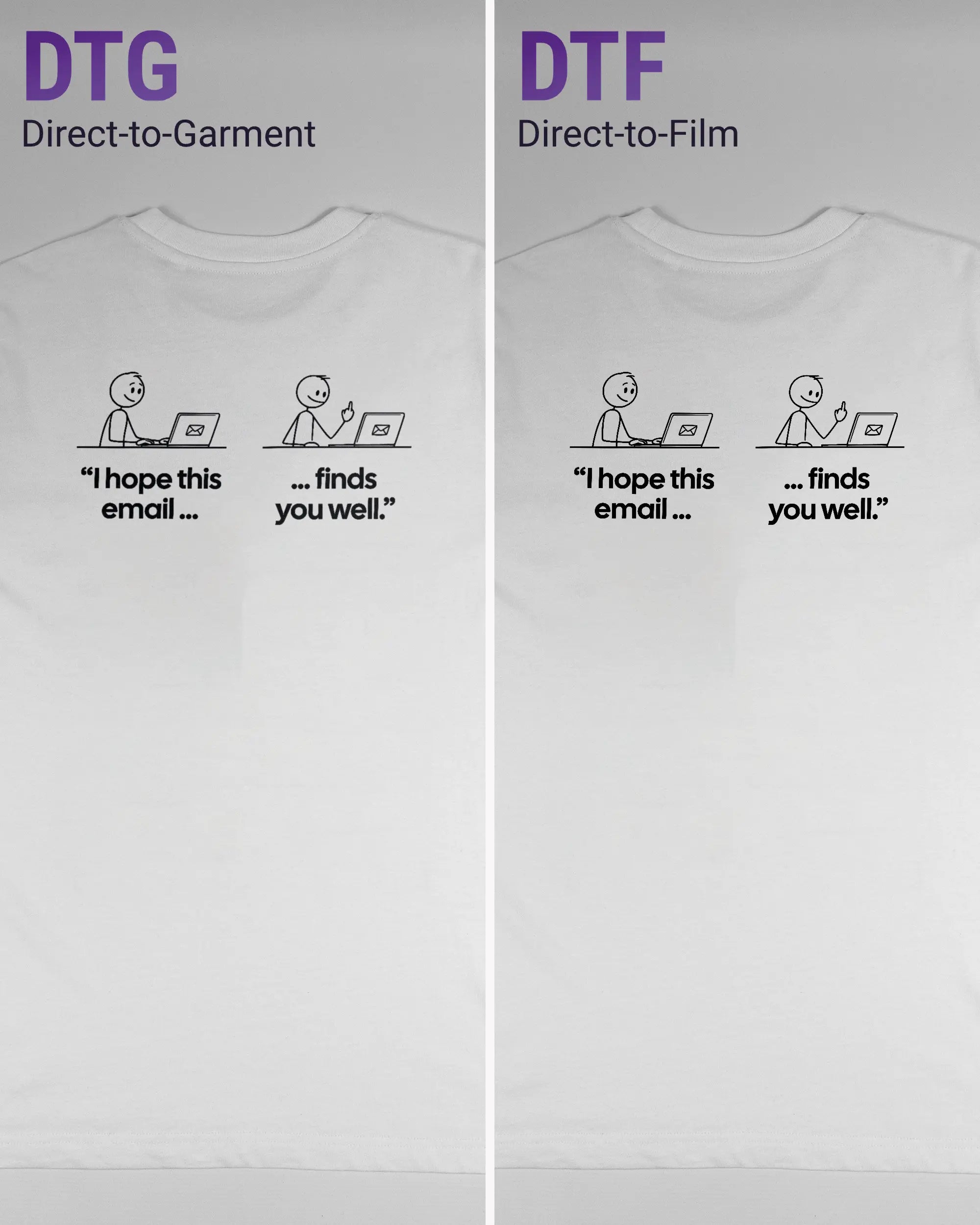 Vergleich der Rückseiten des Organic Unisex T-Shirt Relaxed von Maondo mit dem Design Found me not well in der Farbe White und in der Größe S links mit dem Direct-to-Garment und rechts mit dem Direct-to-Film Verfahren