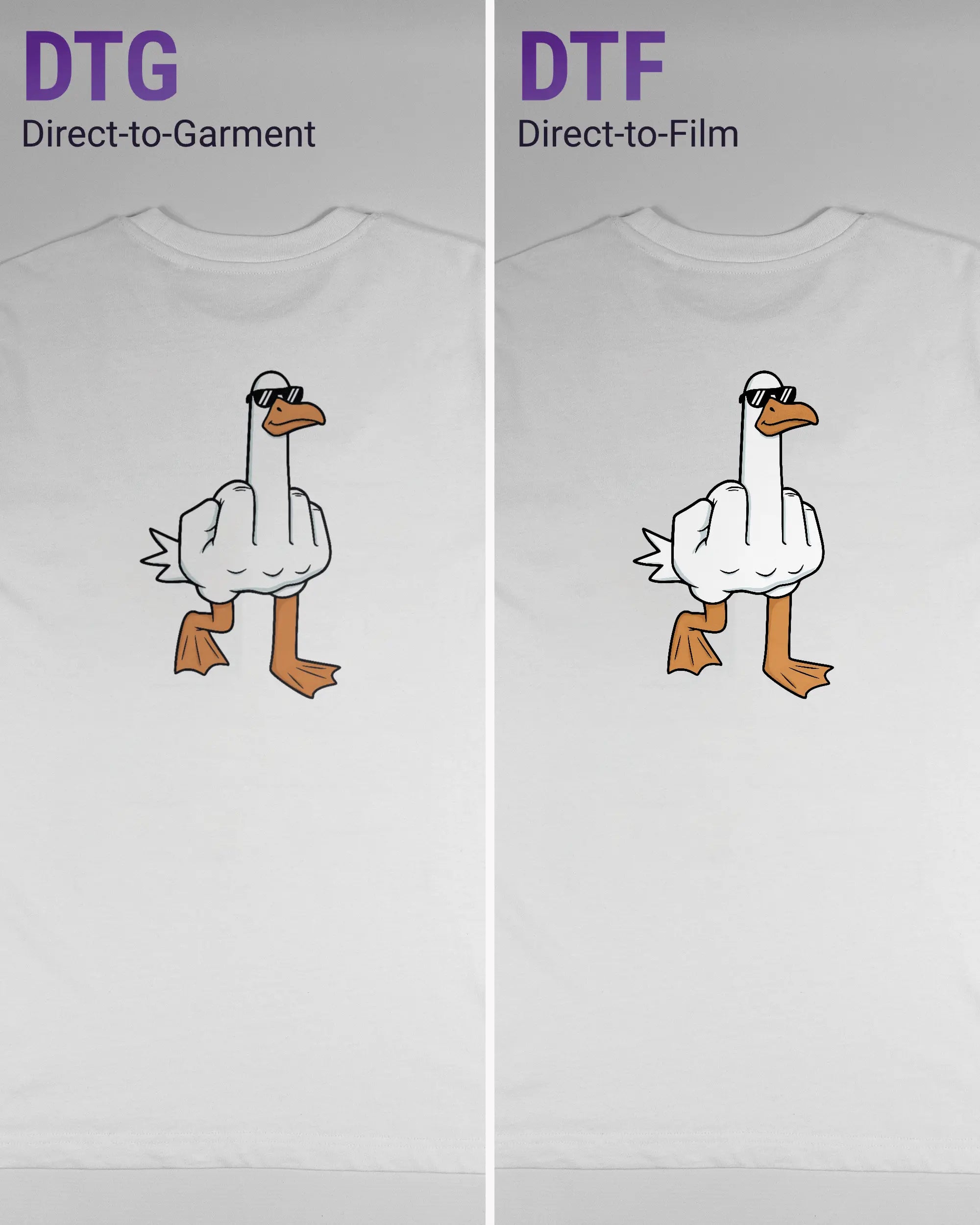 Vergleich der Rückseiten des Organic Unisex T-Shirt Relaxed von Maondo mit dem Design I give a duck in der Farbe White und in der Größe S links mit dem Direct-to-Garment und rechts mit dem Direct-to-Film Verfahren
