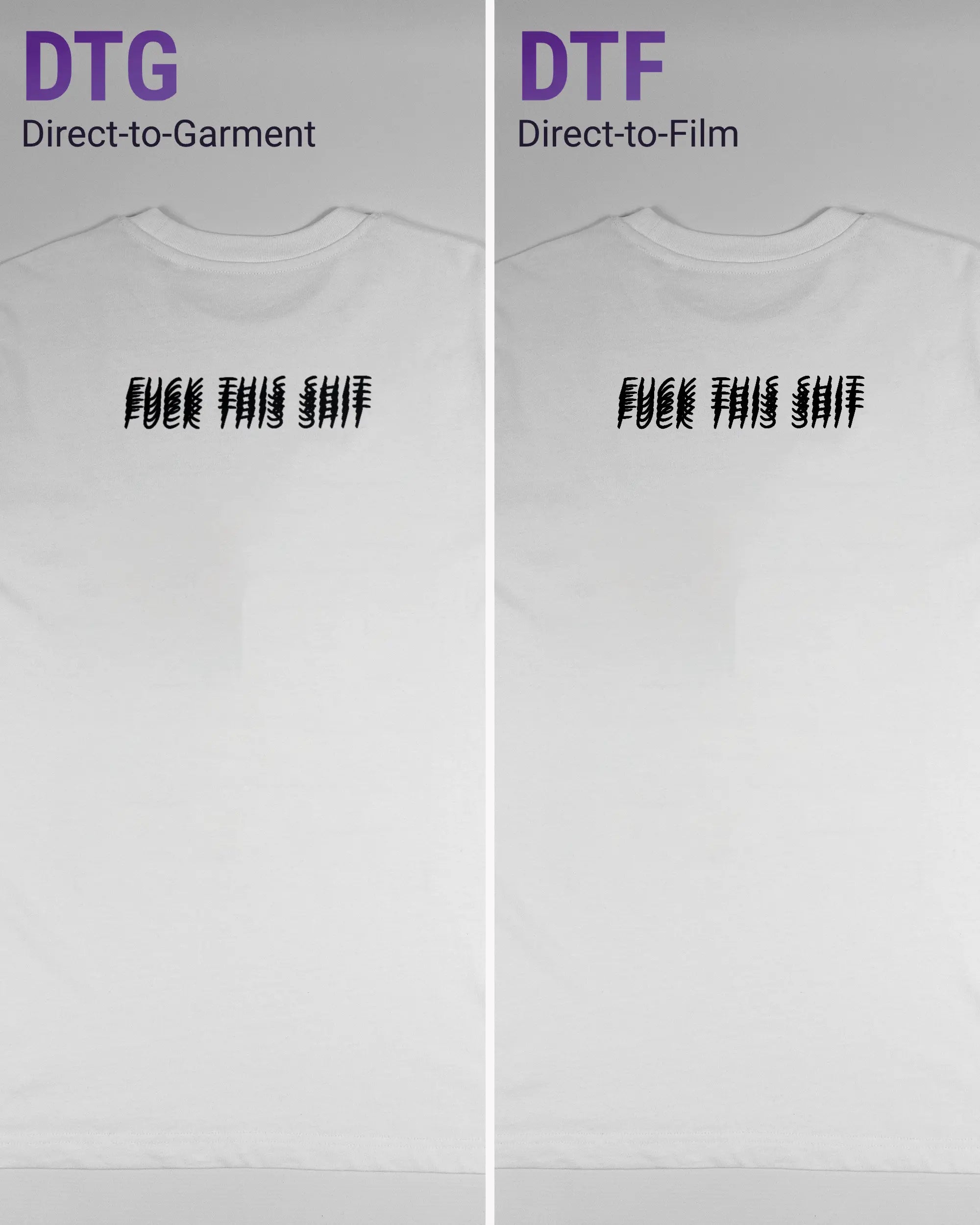 Vergleich der Rückseiten des Organic Unisex T-Shirt Relaxed von Maondo mit dem Design Hidden Message in der Farbe White und in der Größe S links mit dem Direct-to-Garment und rechts mit dem Direct-to-Film Verfahren