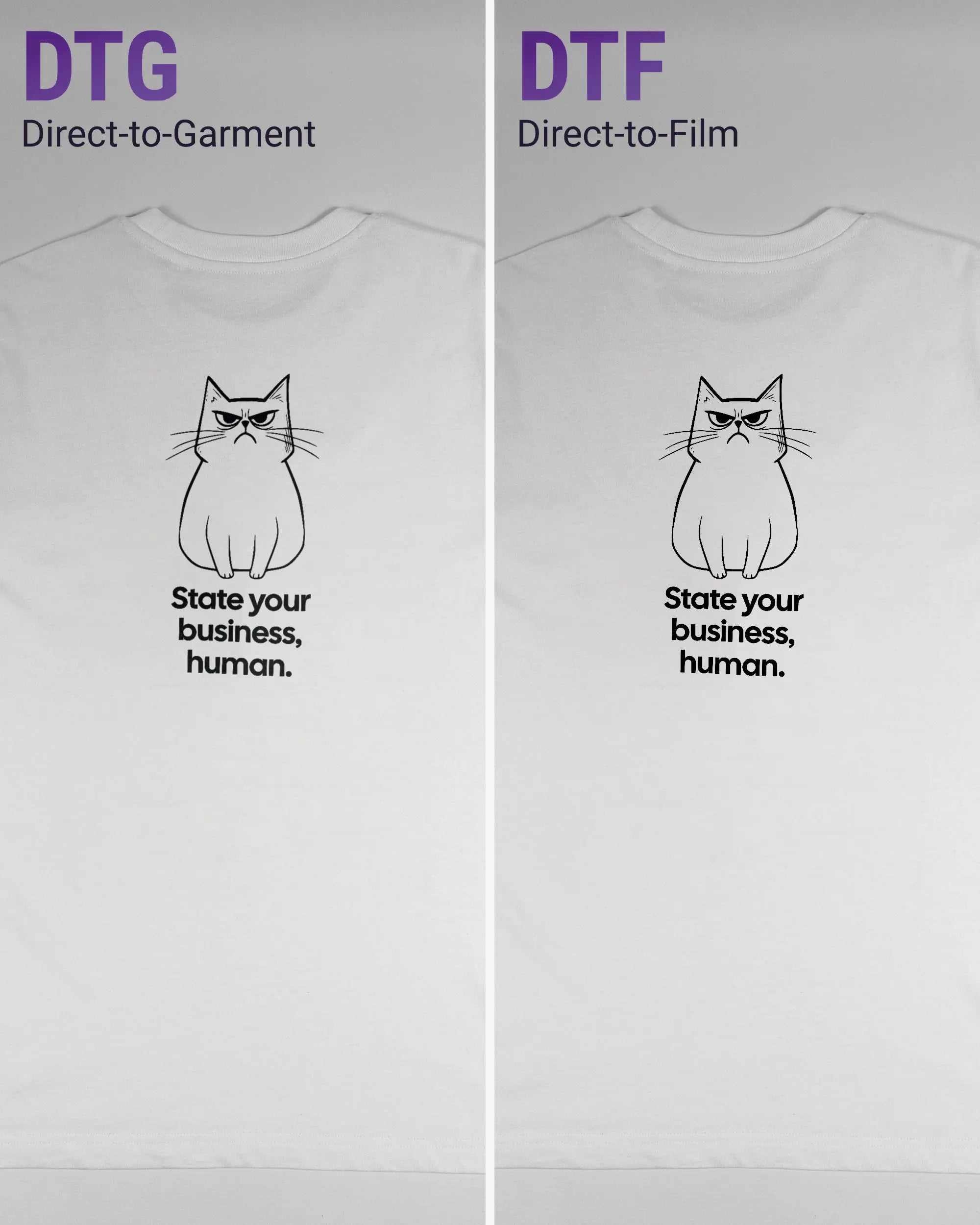 Vergleich der Rückseiten des Organic Unisex T-Shirt Relaxed von Maondo mit dem Design Grumpy Purr in der Farbe White und in der Größe S links mit dem Direct-to-Garment und rechts mit dem Direct-to-Film Verfahren