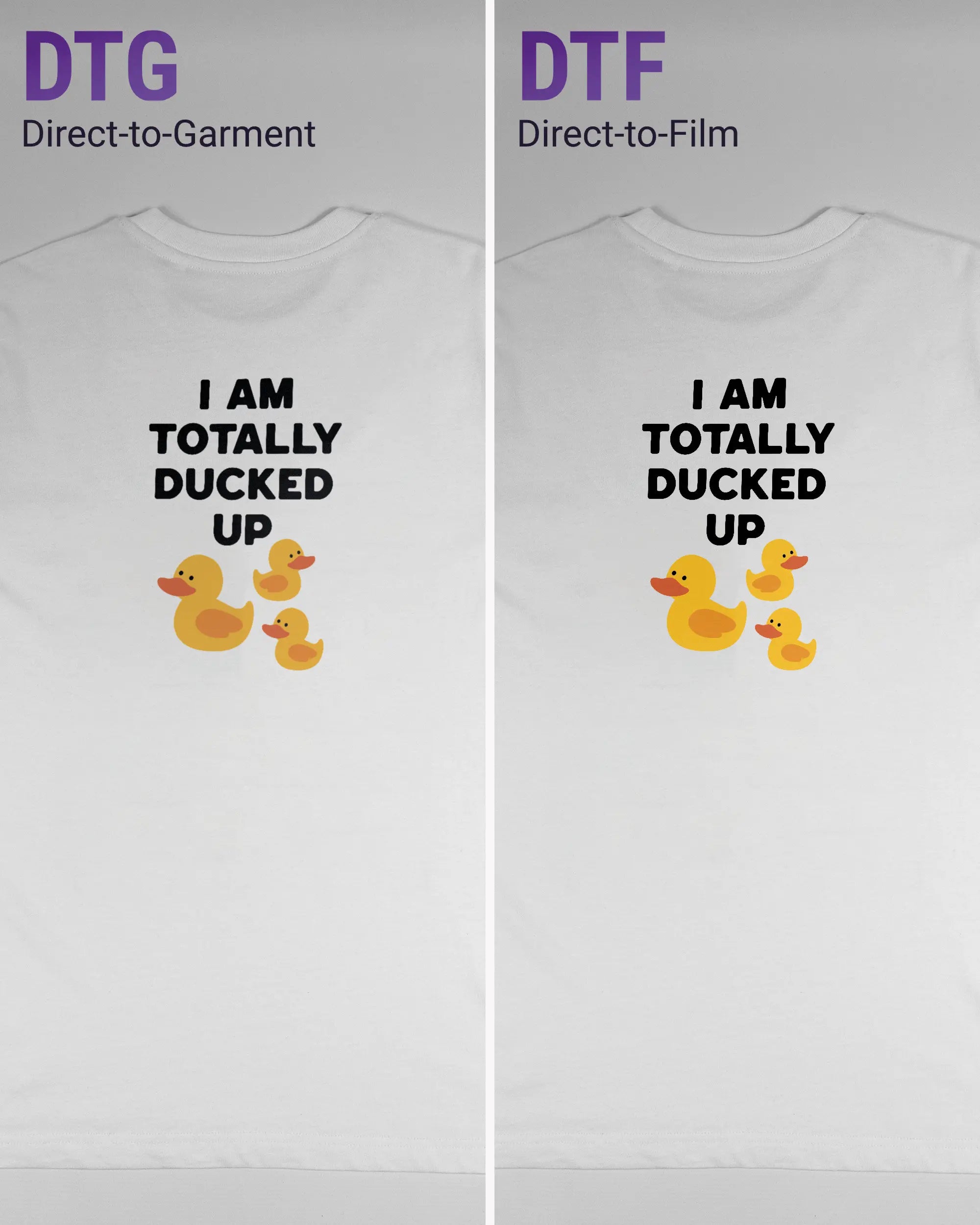 Vergleich der Rückseiten des Organic Unisex T-Shirt Relaxed von Maondo mit dem Design Ducked Up in der Farbe White und in der Größe S links mit dem Direct-to-Garment und rechts mit dem Direct-to-Film Verfahren