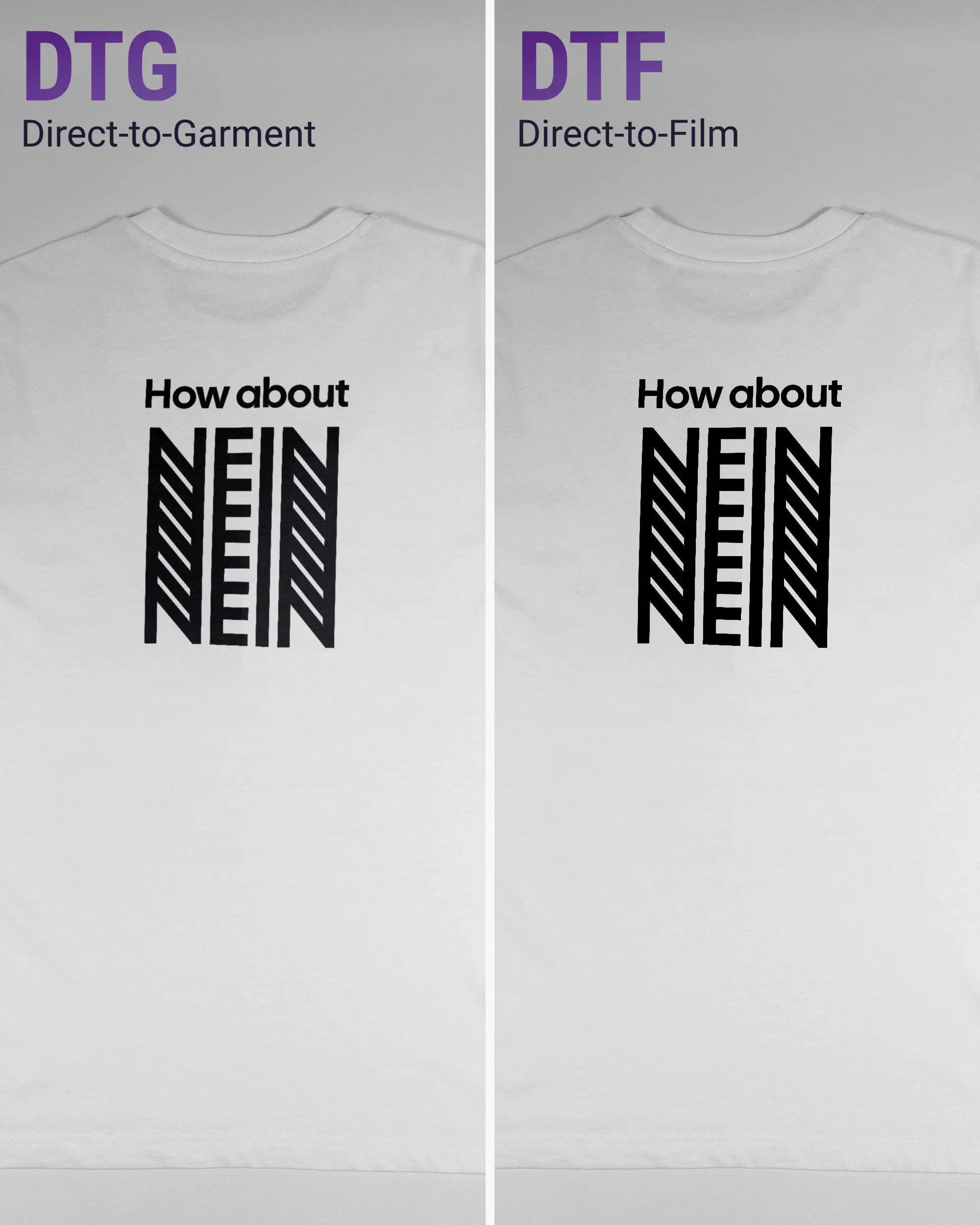 Vergleich der Rückseiten des Organic Unisex T-Shirt Relaxed von Maondo mit dem Design How about nein in der Farbe White und in der Größe S links mit dem Direct-to-Garment und rechts mit dem Direct-to-Film Verfahren