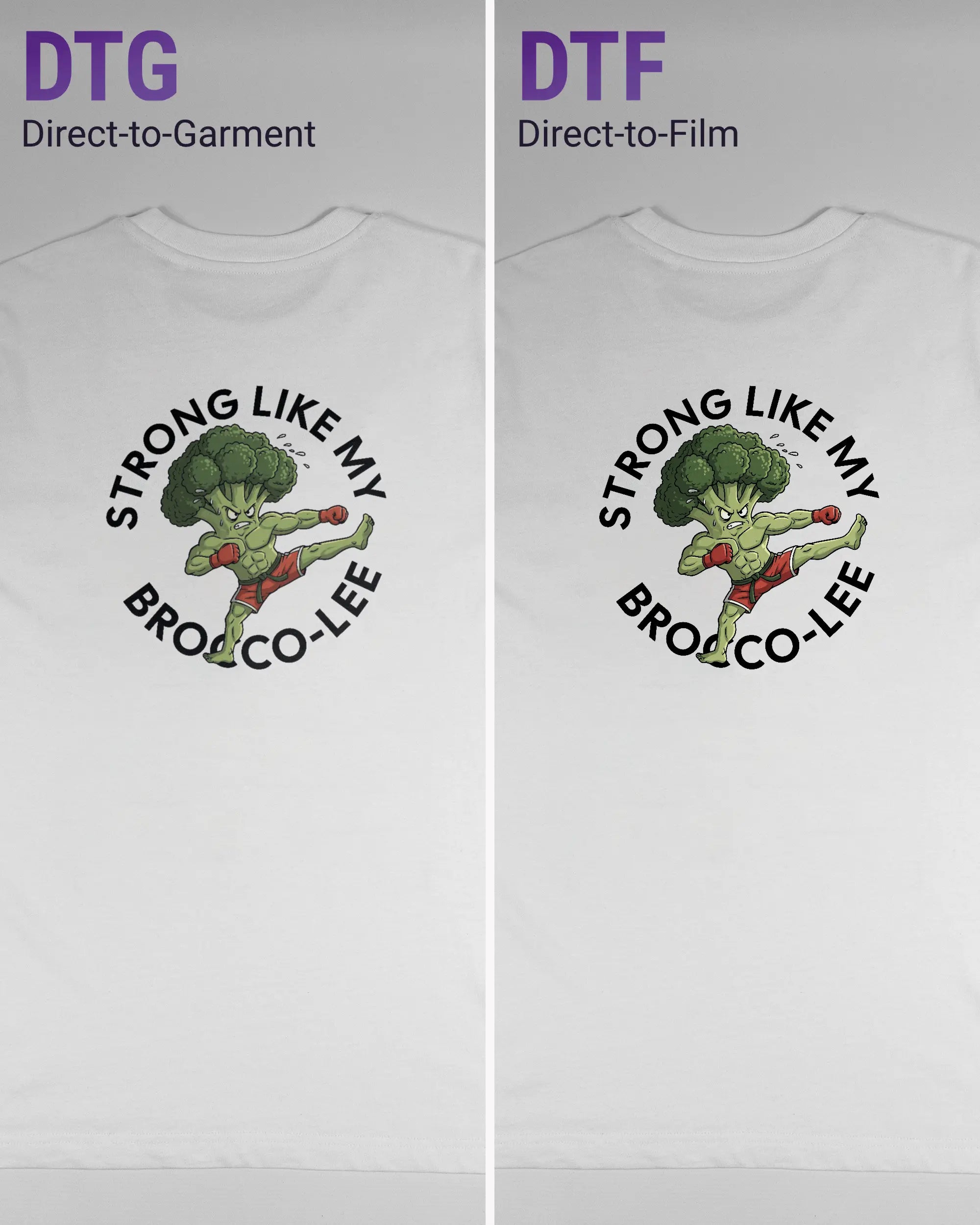 Vergleich der Rückseiten des Organic Unisex T-Shirt Relaxed von Maondo mit dem Design Brocco-Lee in der Farbe White und in der Größe S links mit dem Direct-to-Garment und rechts mit dem Direct-to-Film Verfahren