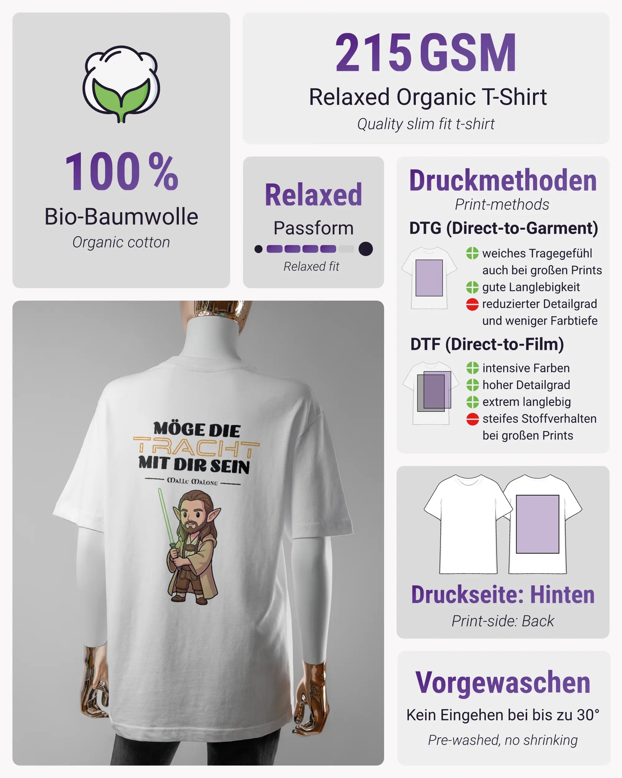 Produktinformationsblatt des Organic Unisex T-Shirt Relaxed von Maondo mit dem Design Tracht mit dir hinten in der Farbe White und in der Größe S