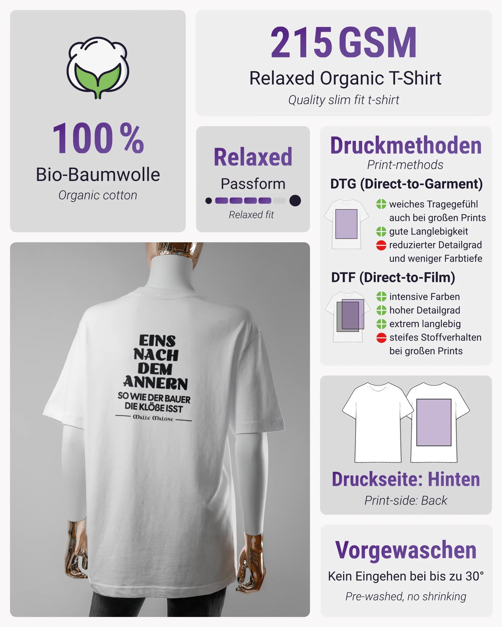 Produktinformationsblatt des Organic Unisex T-Shirt Relaxed von Maondo mit dem Design Eins nach dem Annern hinten in der Farbe White und in der Größe S
