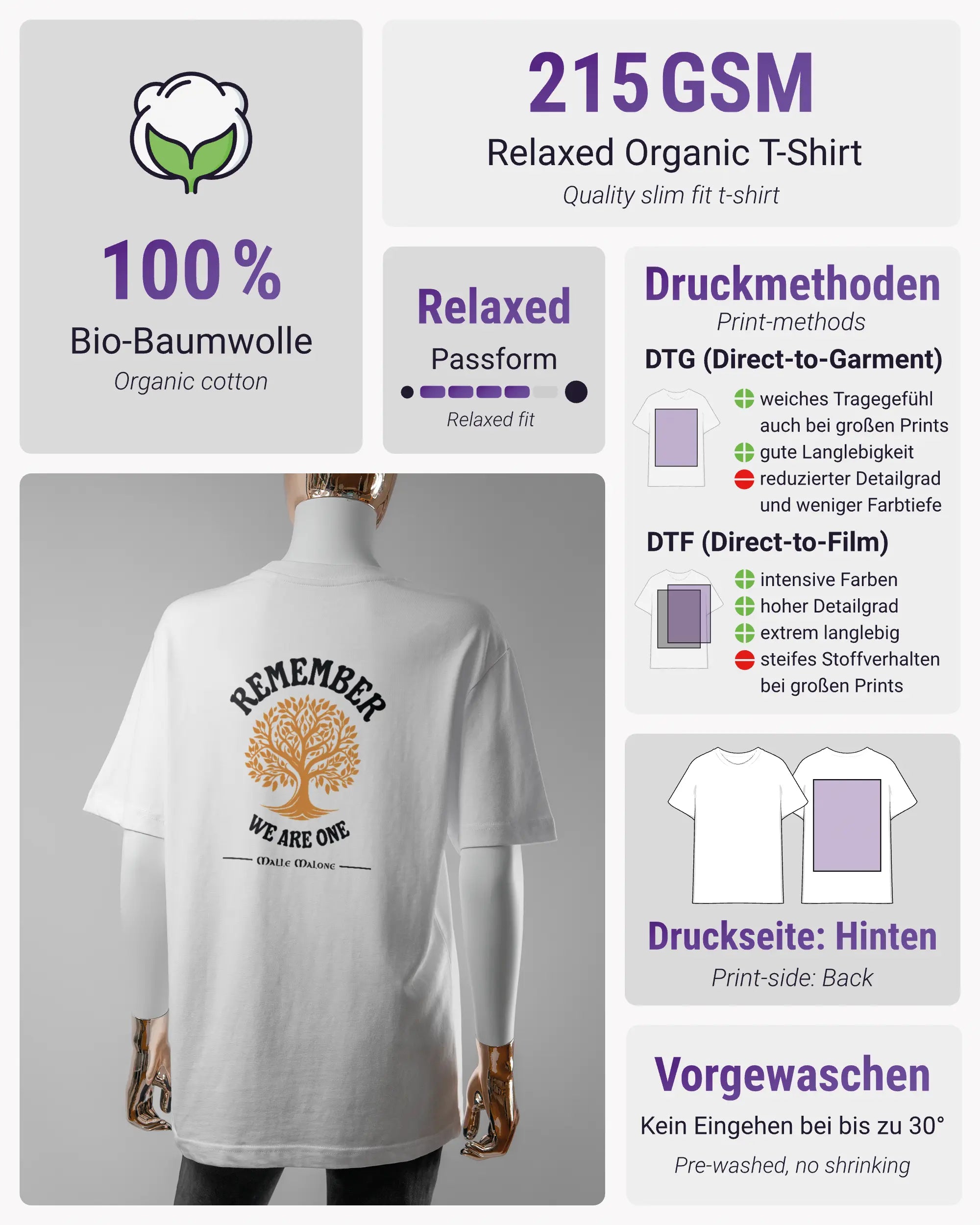 Produktinformationsblatt des Organic Unisex T-Shirt Relaxed von Maondo mit dem Design We are one hinten in der Farbe White und in der Größe S