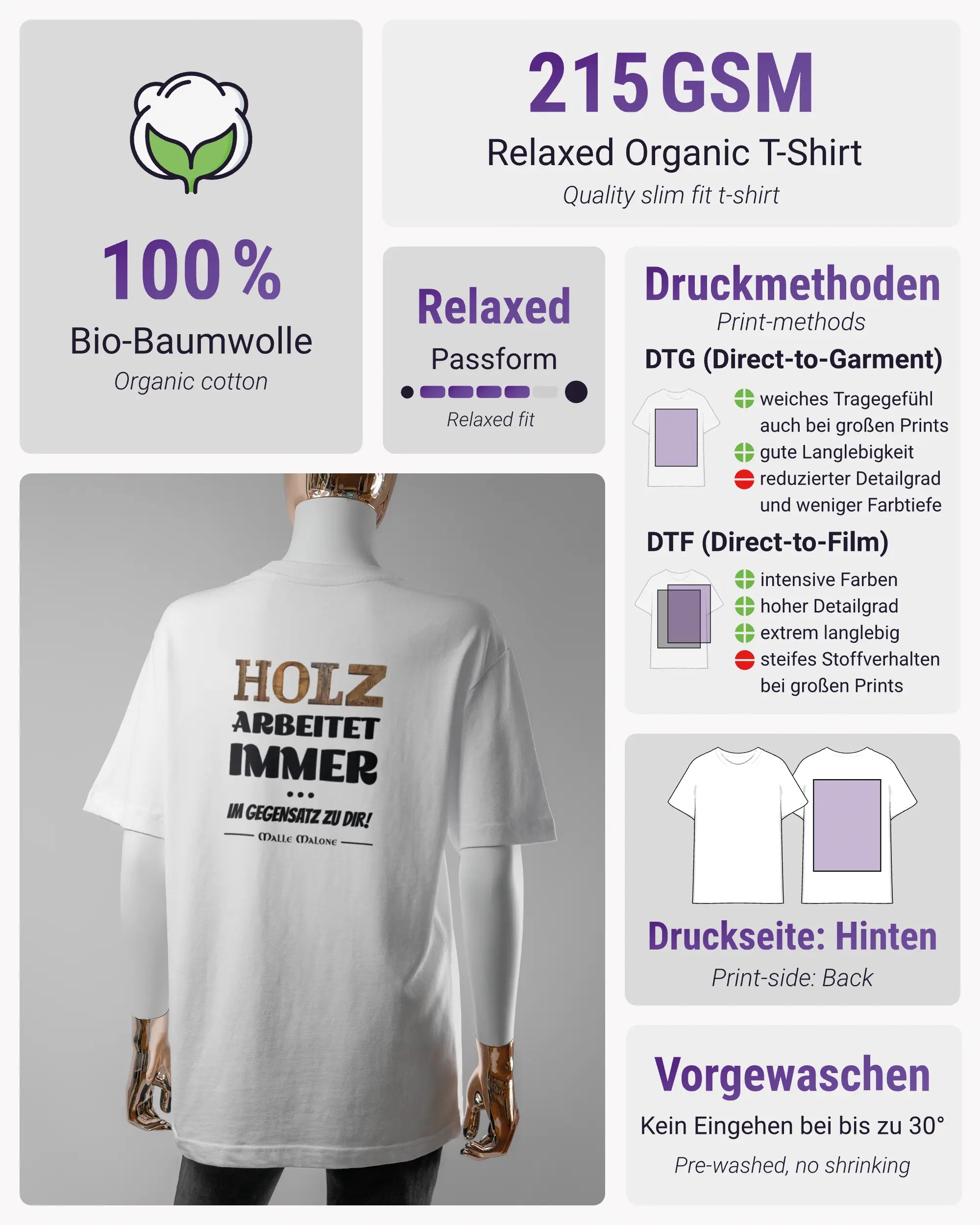 Produktinformationsblatt des Organic Unisex T-Shirt Relaxed von Maondo mit dem Design Holzarbeit hinten in der Farbe White und in der Größe S