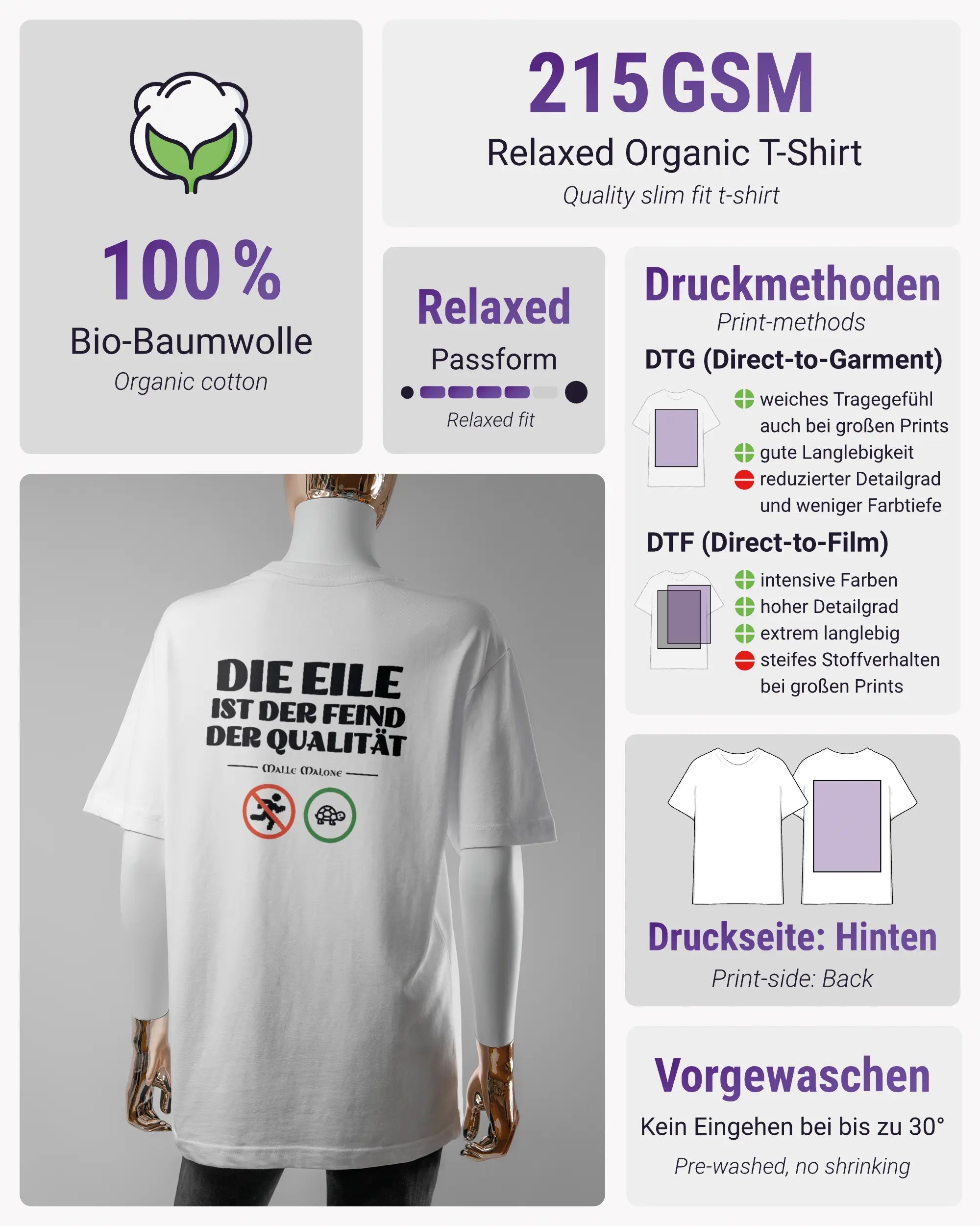 Produktinformationsblatt des Organic Unisex T-Shirt Relaxed von Maondo mit dem Design Keine Eile hinten in der Farbe White und in der Größe S