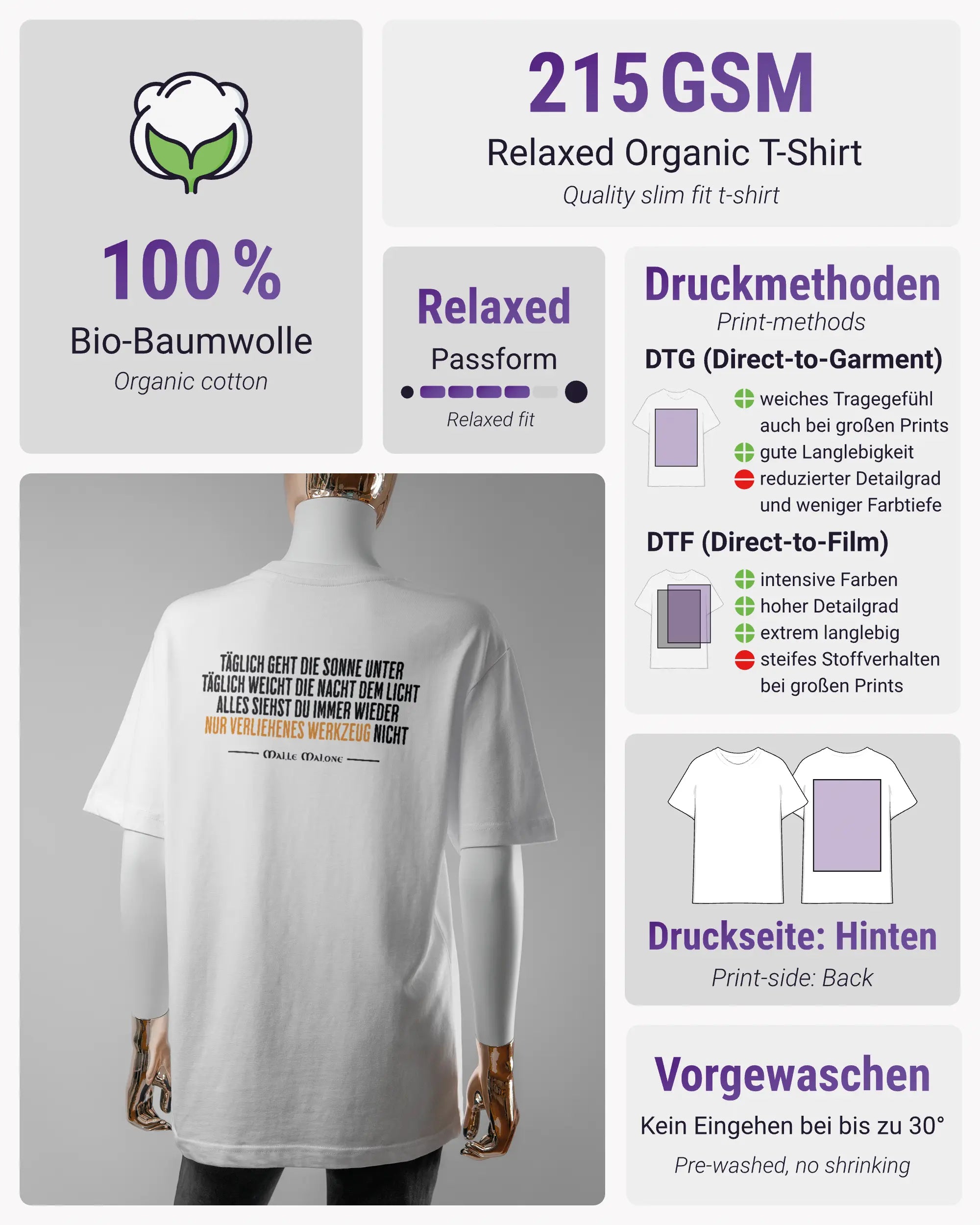 Produktinformationsblatt des Organic Unisex T-Shirt Relaxed von Maondo mit dem Design Wegzeug hinten in der Farbe White und in der Größe S
