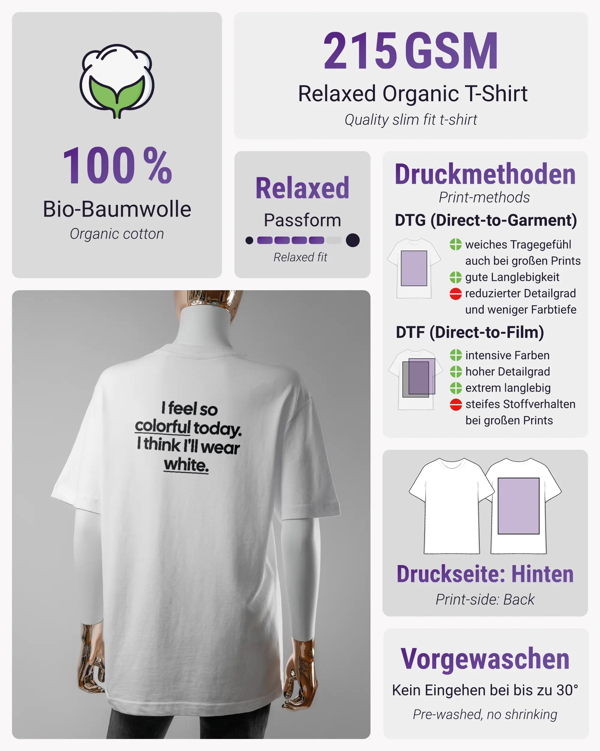 Produktinformationsblatt des Organic Unisex T-Shirt Relaxed von Maondo mit dem Design Colorful Day hinten in der Farbe White und in der Größe S