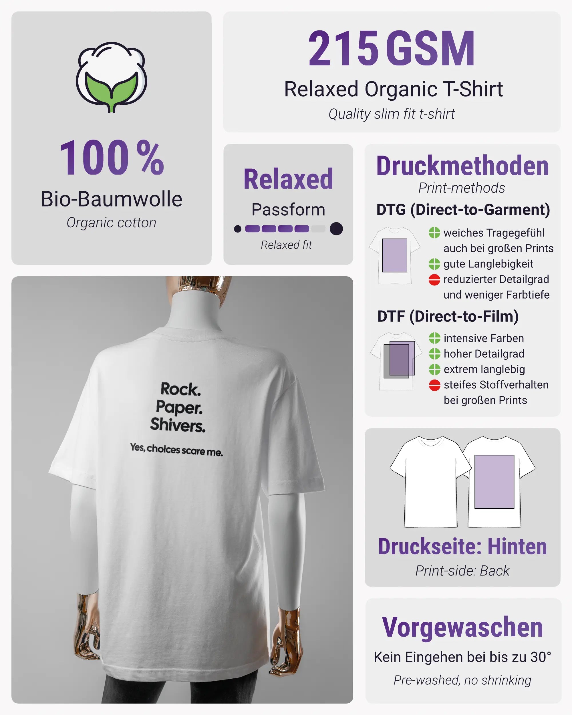 Produktinformationsblatt des Organic Unisex T-Shirt Relaxed von Maondo mit dem Design Rock Paper Shivers hinten in der Farbe White und in der Größe S