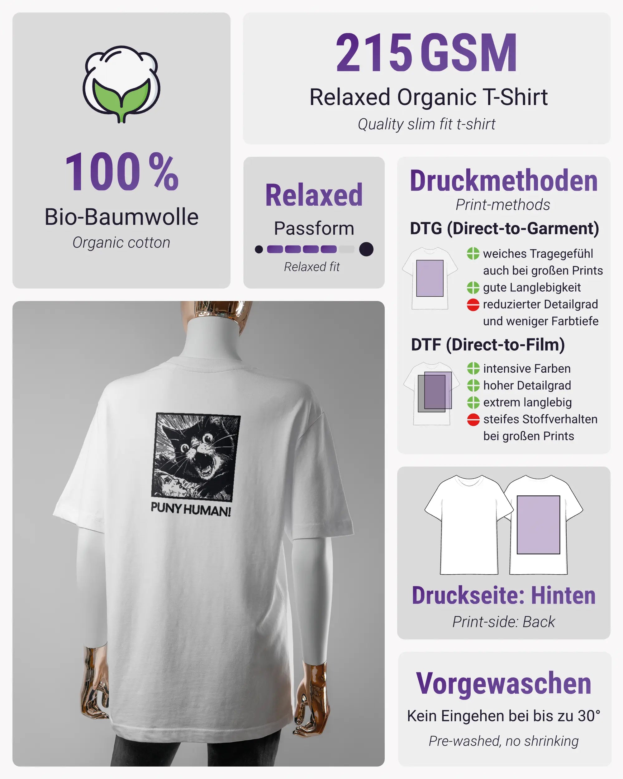 Produktinformationsblatt des Organic Unisex T-Shirt Relaxed von Maondo mit dem Design Puny Human hinten in der Farbe White und in der Größe S
