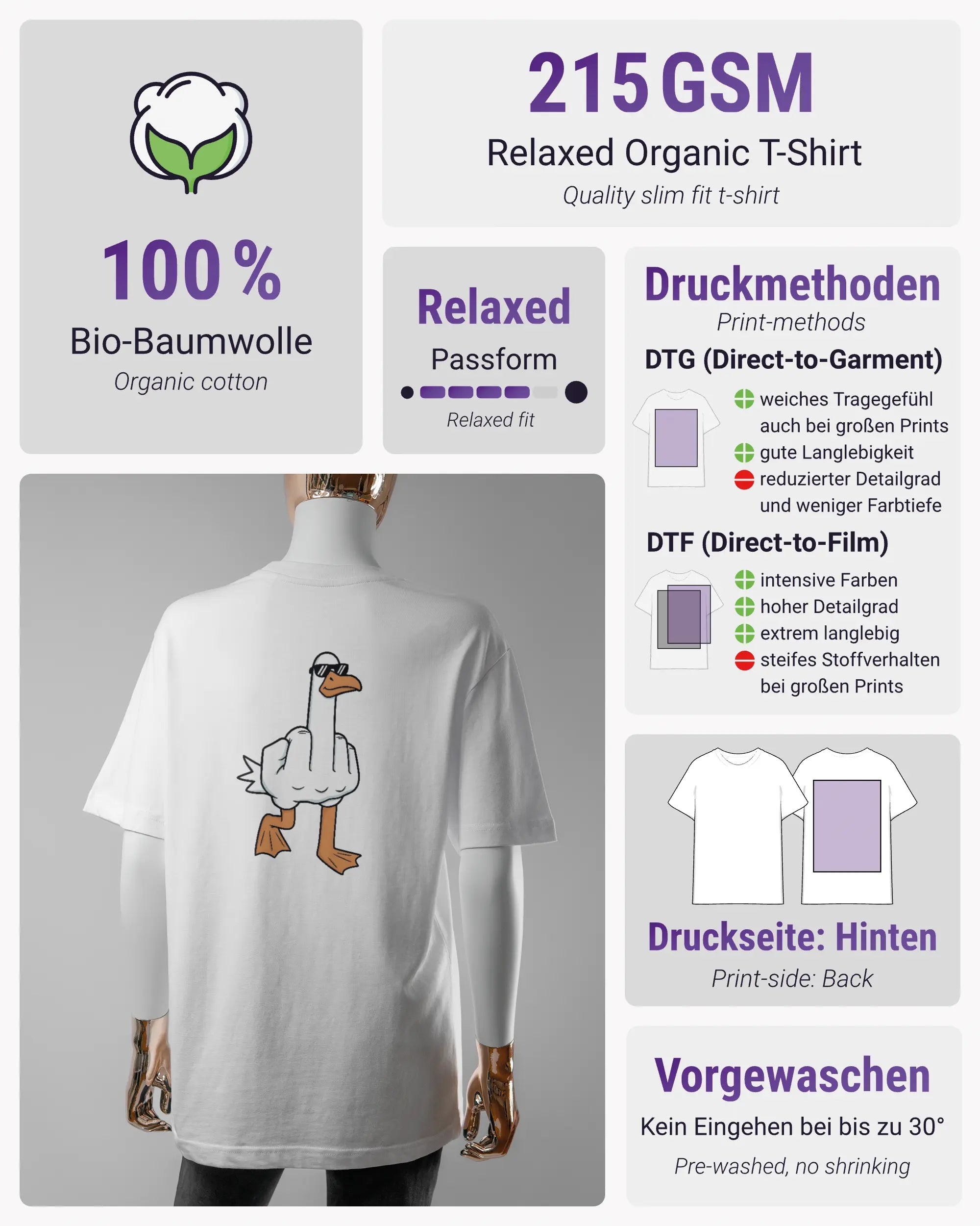 Produktinformationsblatt des Organic Unisex T-Shirt Relaxed von Maondo mit dem Design I give a duck hinten in der Farbe White und in der Größe S