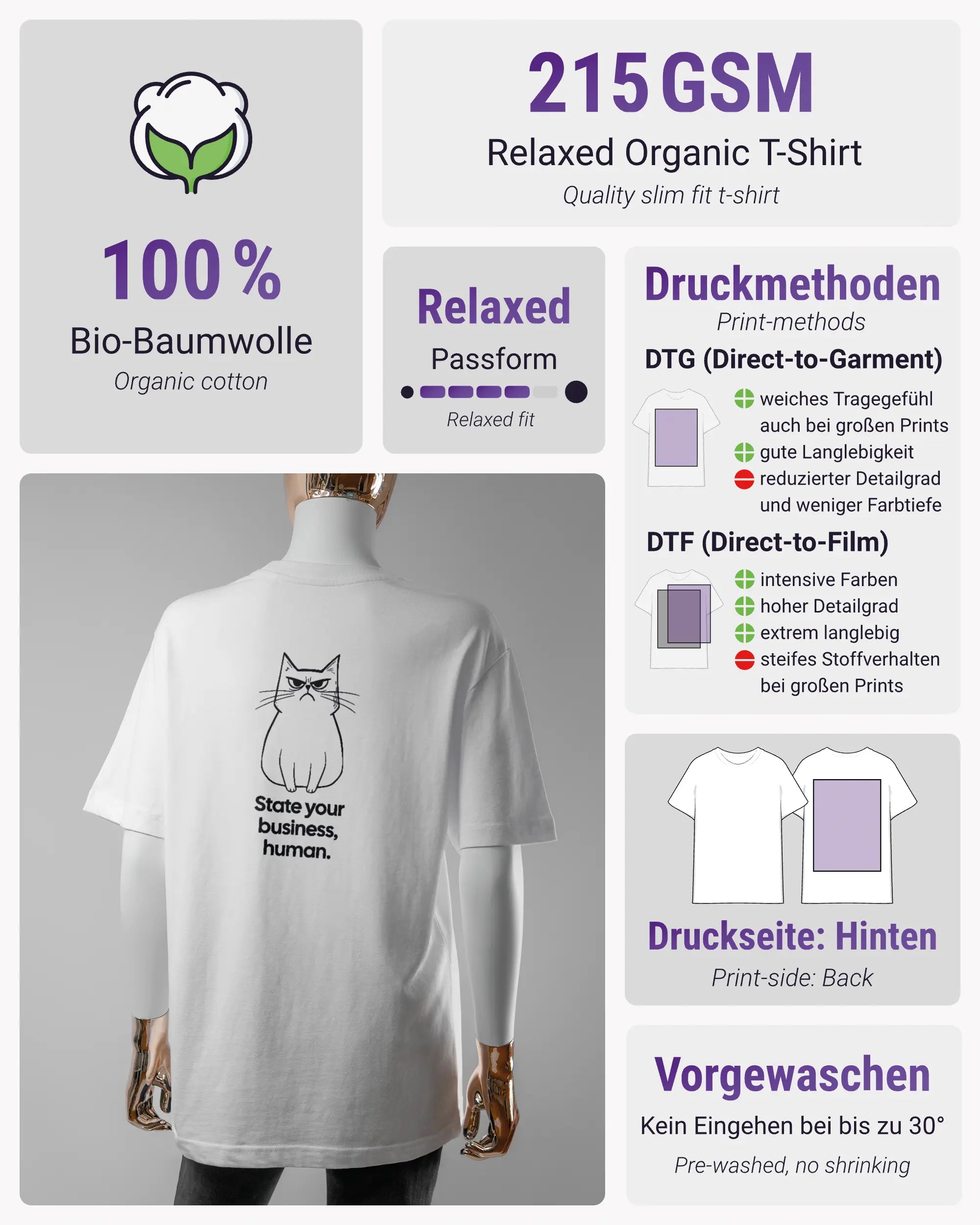 Produktinformationsblatt des Organic Unisex T-Shirt Relaxed von Maondo mit dem Design Grumpy Purr hinten in der Farbe White und in der Größe S