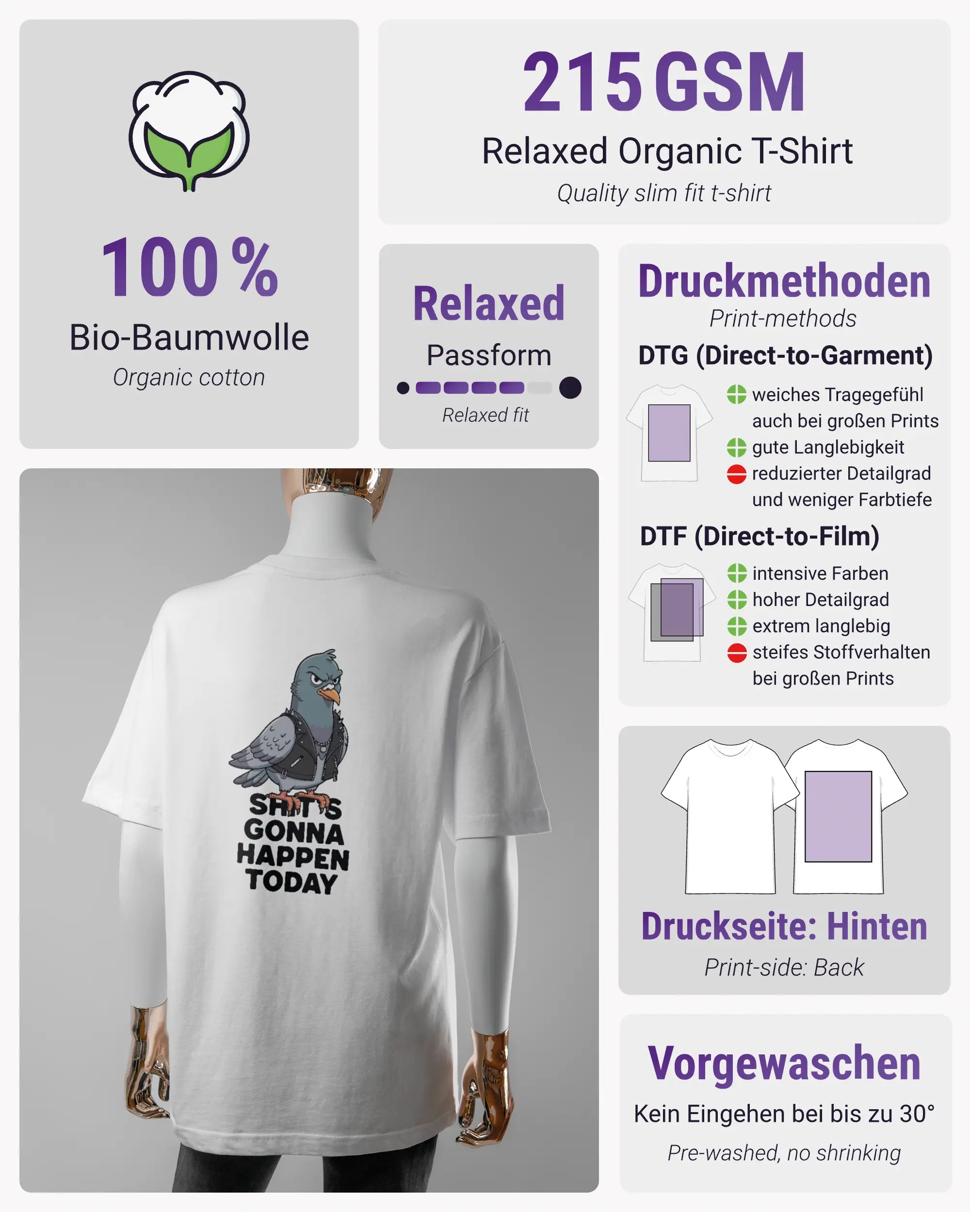 Produktinformationsblatt des Organic Unisex T-Shirt Relaxed von Maondo mit dem Design Pigeon Pun hinten in der Farbe White und in der Größe S
