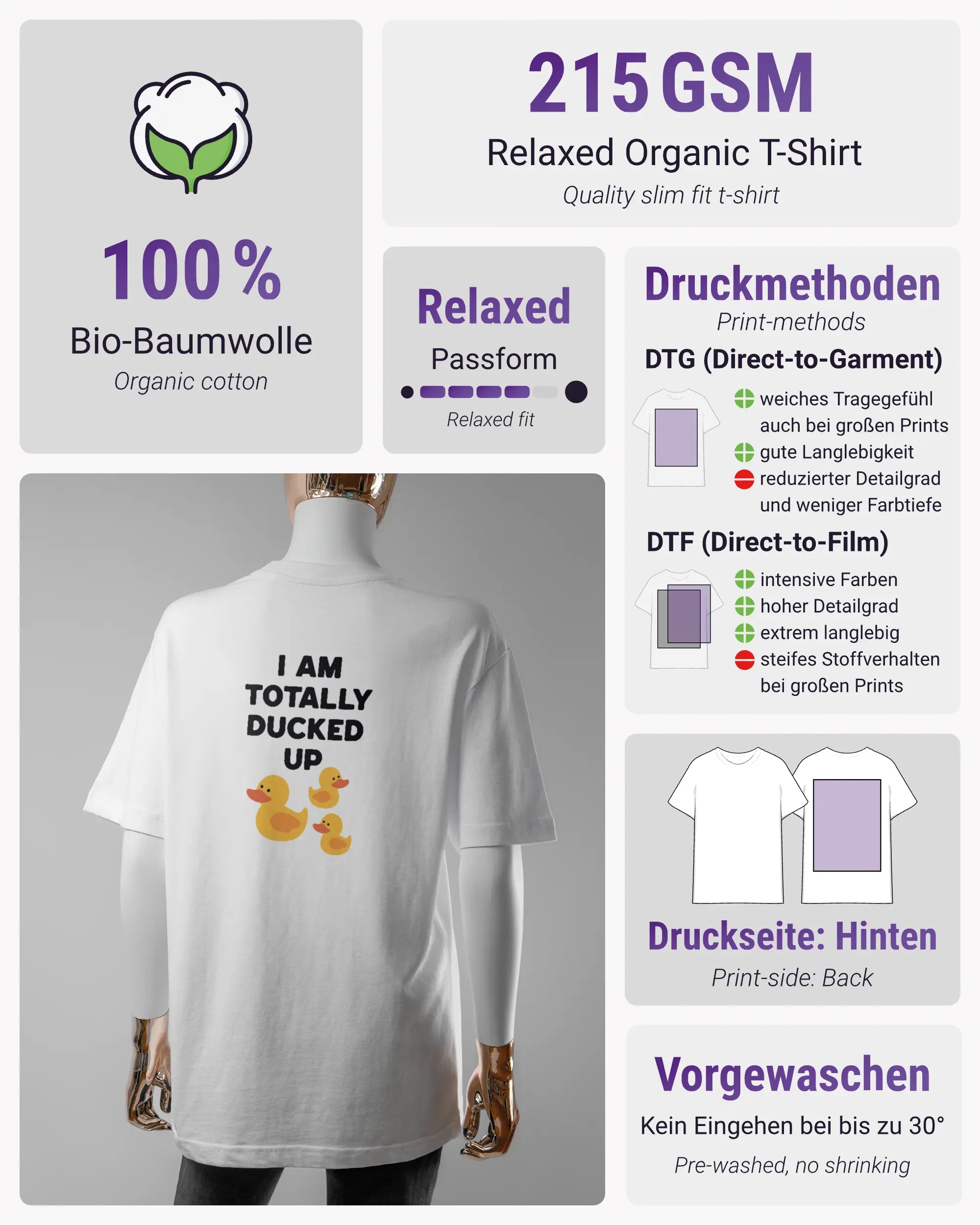 Produktinformationsblatt des Organic Unisex T-Shirt Relaxed von Maondo mit dem Design Ducked Up hinten in der Farbe White und in der Größe S