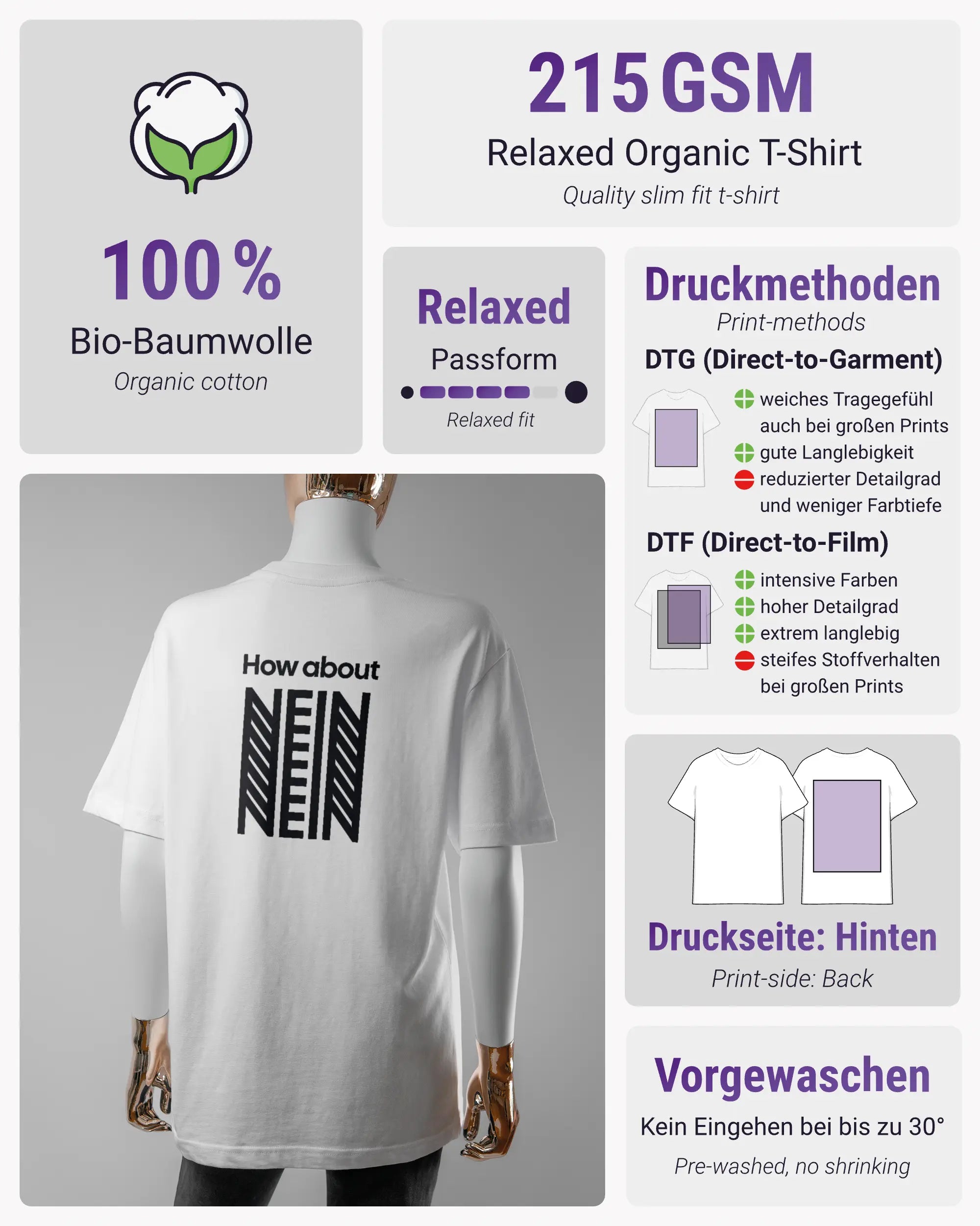 Produktinformationsblatt des Organic Unisex T-Shirt Relaxed von Maondo mit dem Design How about nein hinten in der Farbe White und in der Größe S