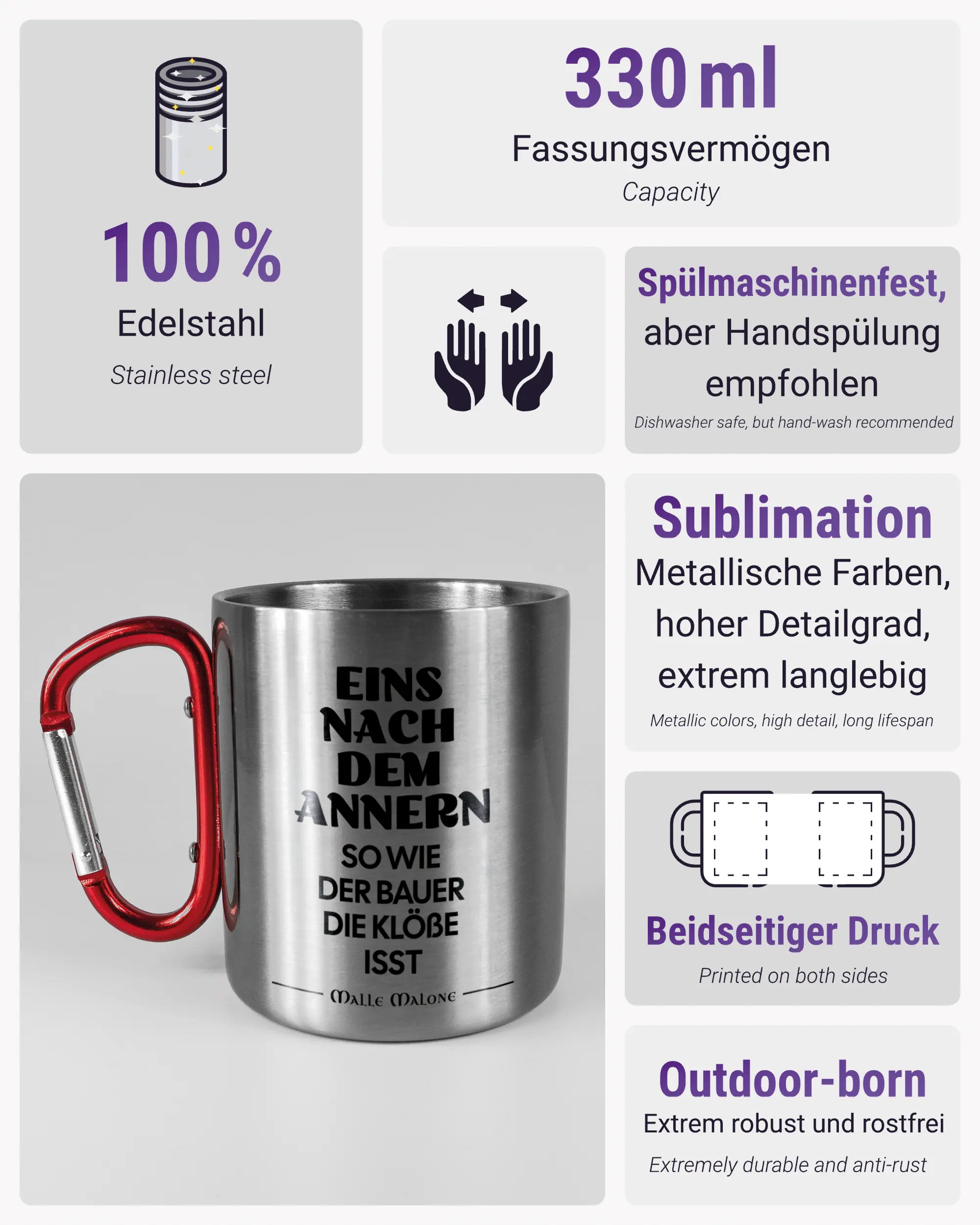Produktinformationsblatt der beidseitig bedruckten Edelstahltasse von Maondo mit dem Design Eins nach dem Annern in der Farbe Metallic-Red