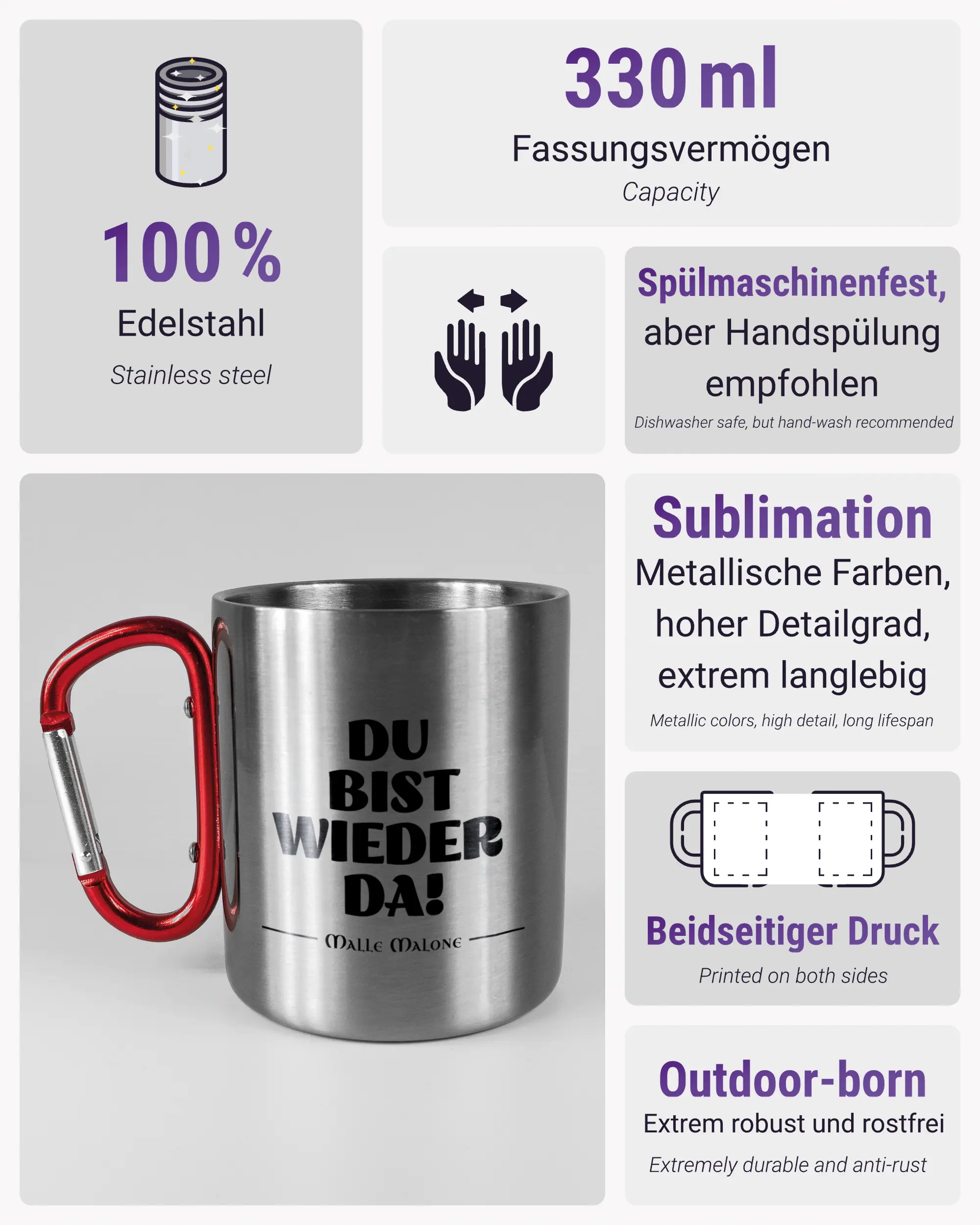 Produktinformationsblatt der beidseitig bedruckten Edelstahltasse von Maondo mit dem Design Wieder da in der Farbe Metallic-Red