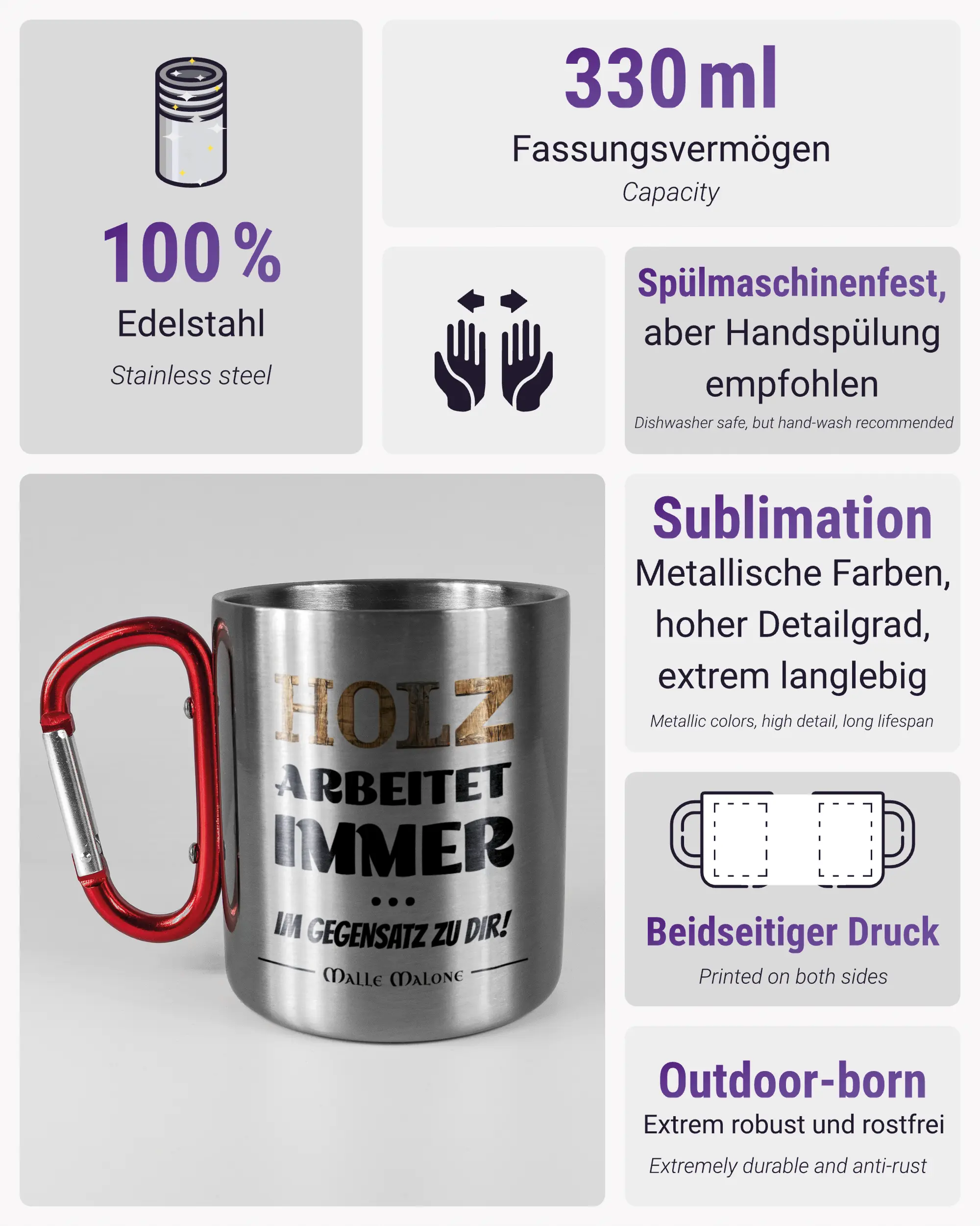 Produktinformationsblatt der beidseitig bedruckten Edelstahltasse von Maondo mit dem Design Holzarbeit in der Farbe Metallic-Red