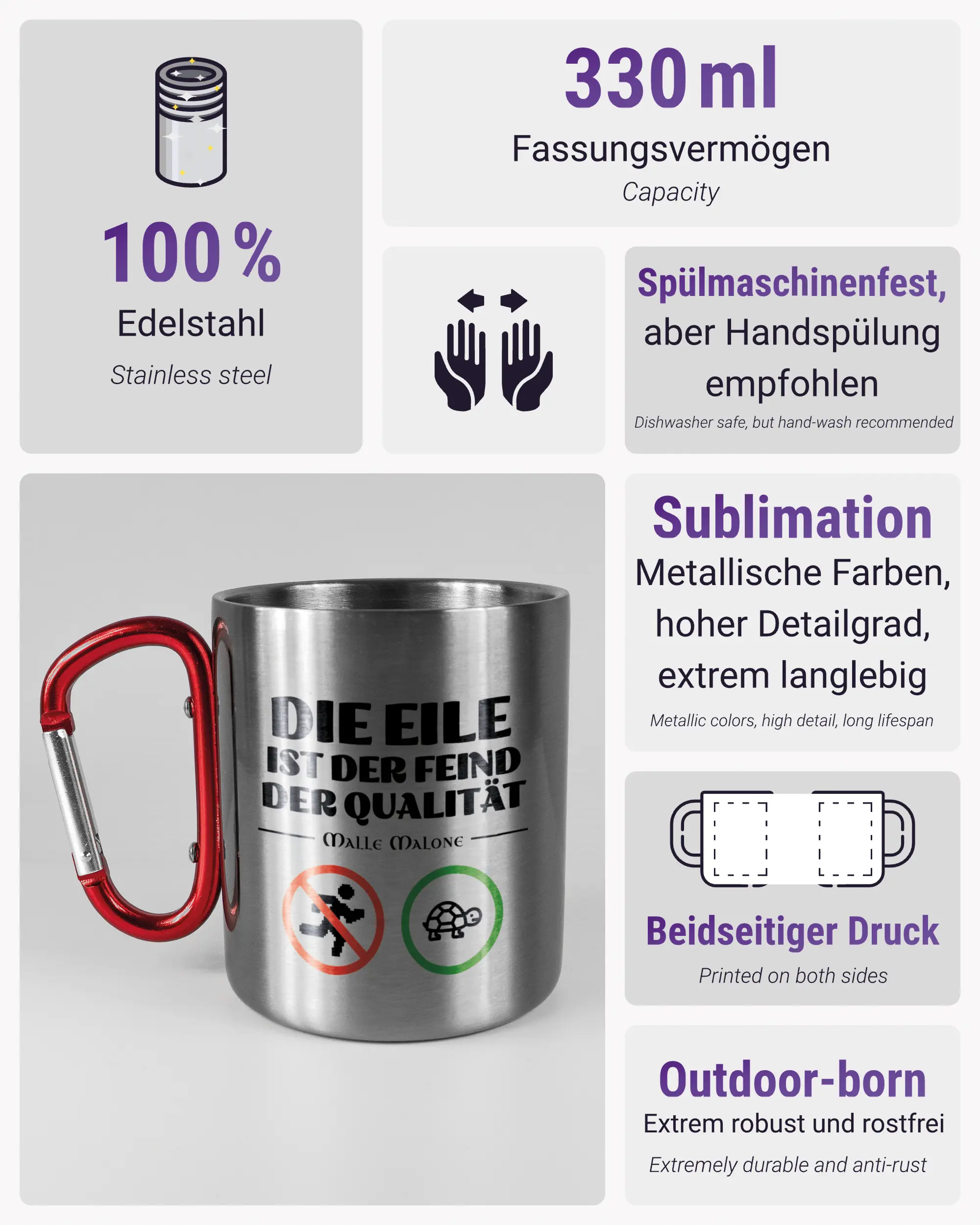 Produktinformationsblatt der beidseitig bedruckten Edelstahltasse von Maondo mit dem Design Keine Eile in der Farbe Metallic-Red
