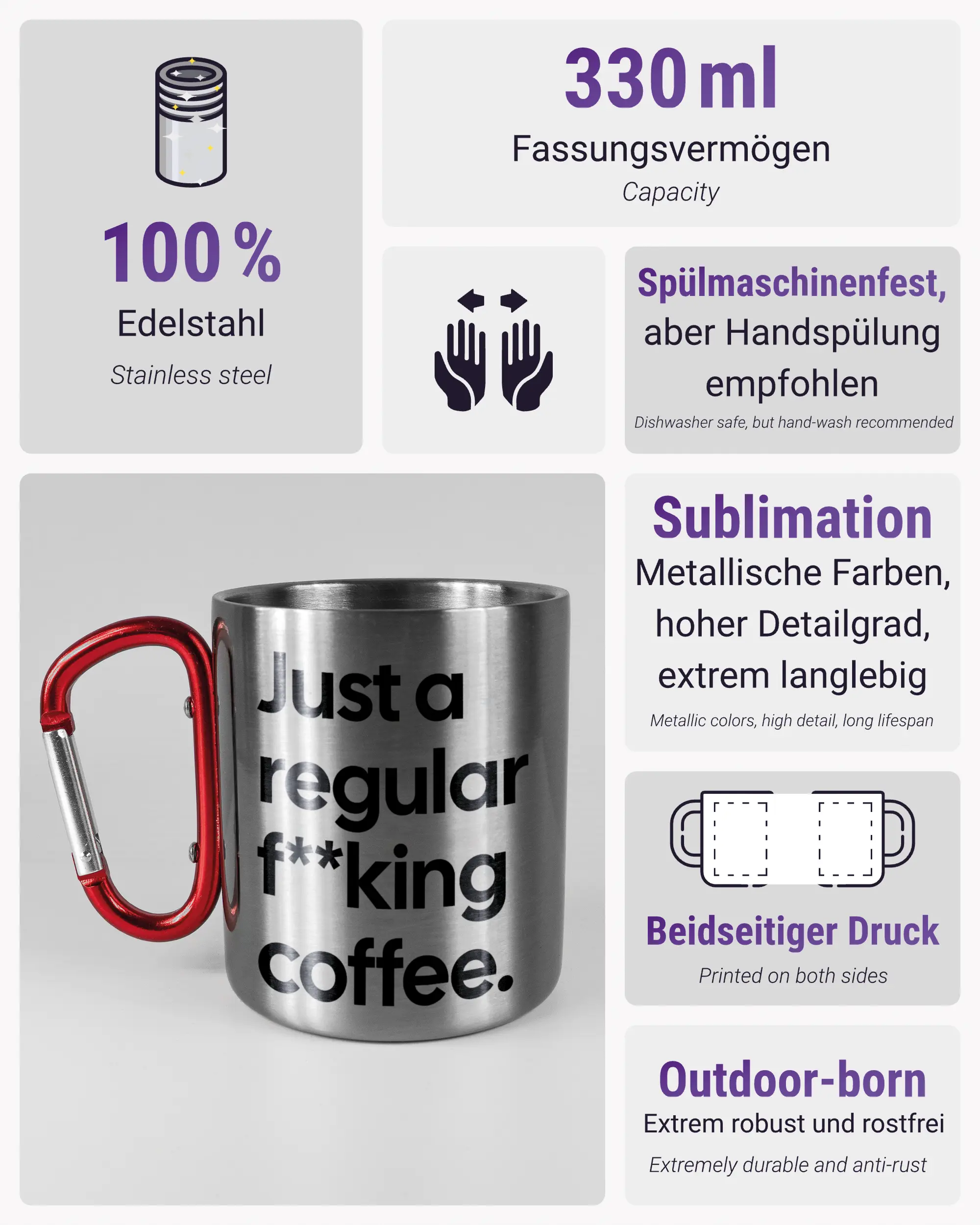 Produktinformationsblatt der beidseitig bedruckten Edelstahltasse von Maondo mit dem Design Regular Coffee in der Farbe Metallic-Red