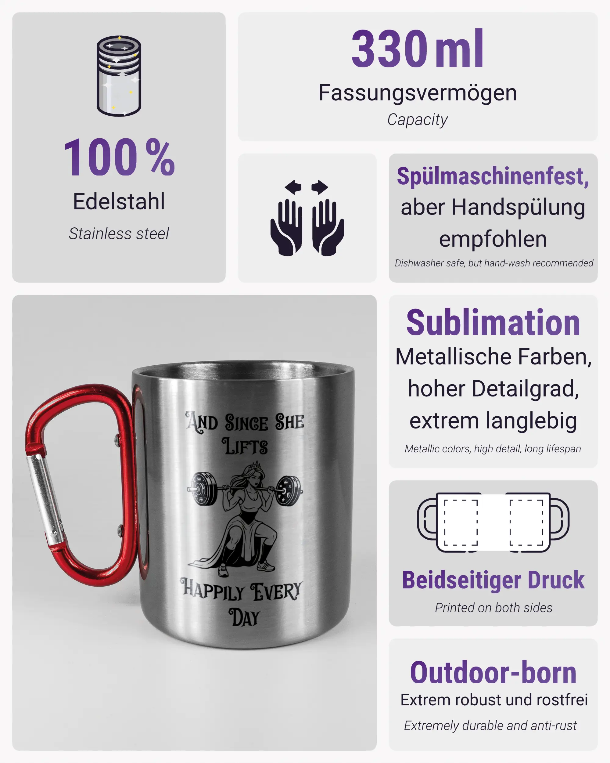 Produktinformationsblatt der beidseitig bedruckten Edelstahltasse von Maondo mit dem Design Princess Lift in der Farbe Metallic-Red