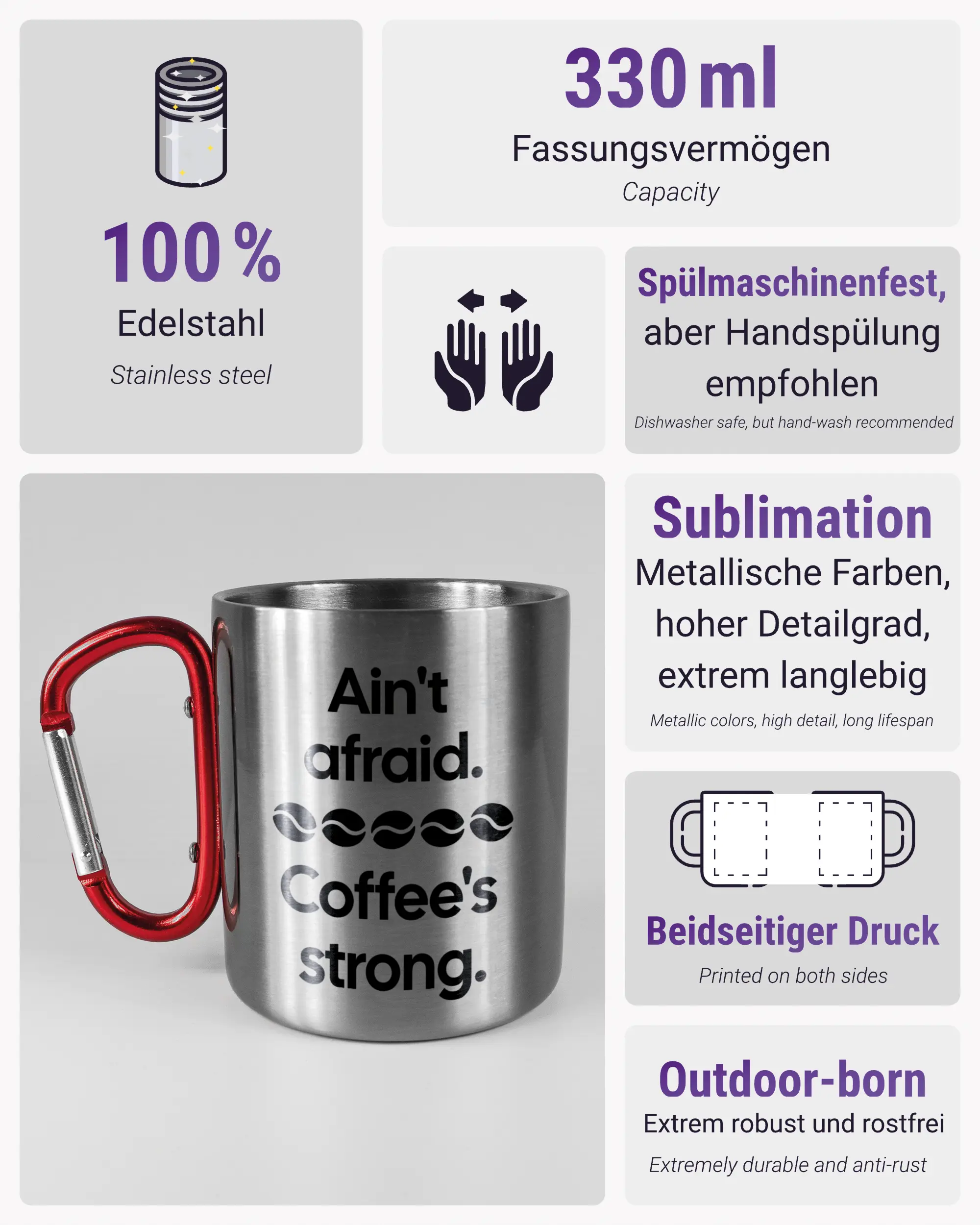 Produktinformationsblatt der beidseitig bedruckten Edelstahltasse von Maondo mit dem Design Coffee is strong in der Farbe Metallic-Red