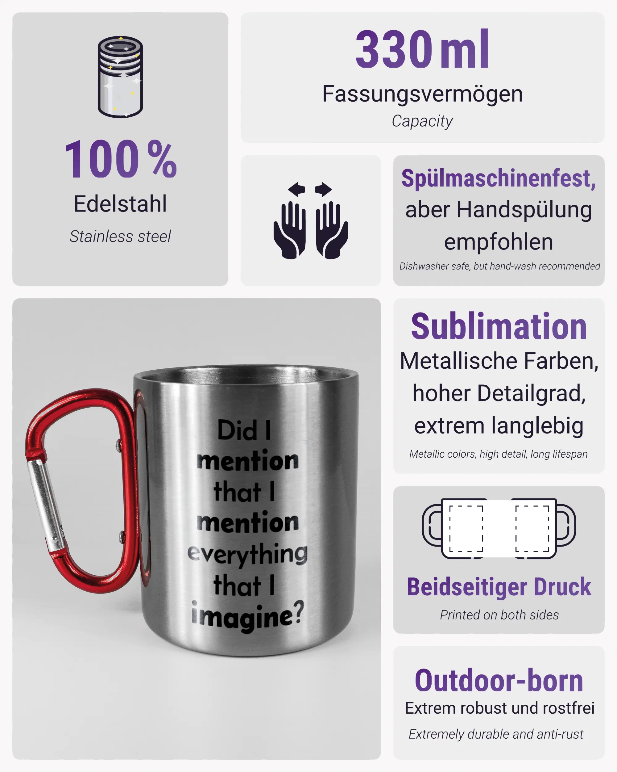 Produktinformationsblatt der beidseitig bedruckten Edelstahltasse von Maondo mit dem Design Did I mention in der Farbe Metallic-Red