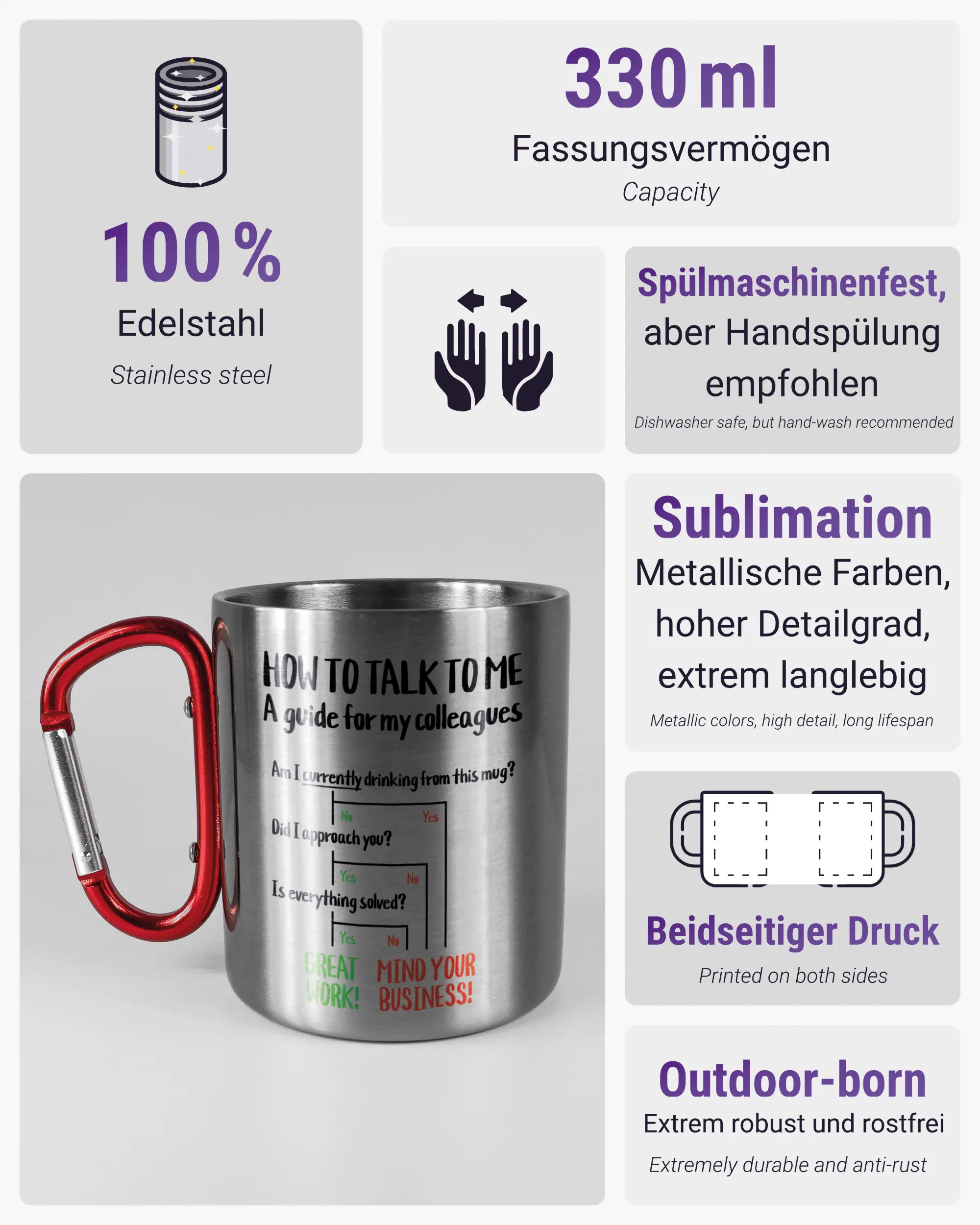 Produktinformationsblatt der beidseitig bedruckten Edelstahltasse von Maondo mit dem Design Colleagues Guide in der Farbe Metallic-Red