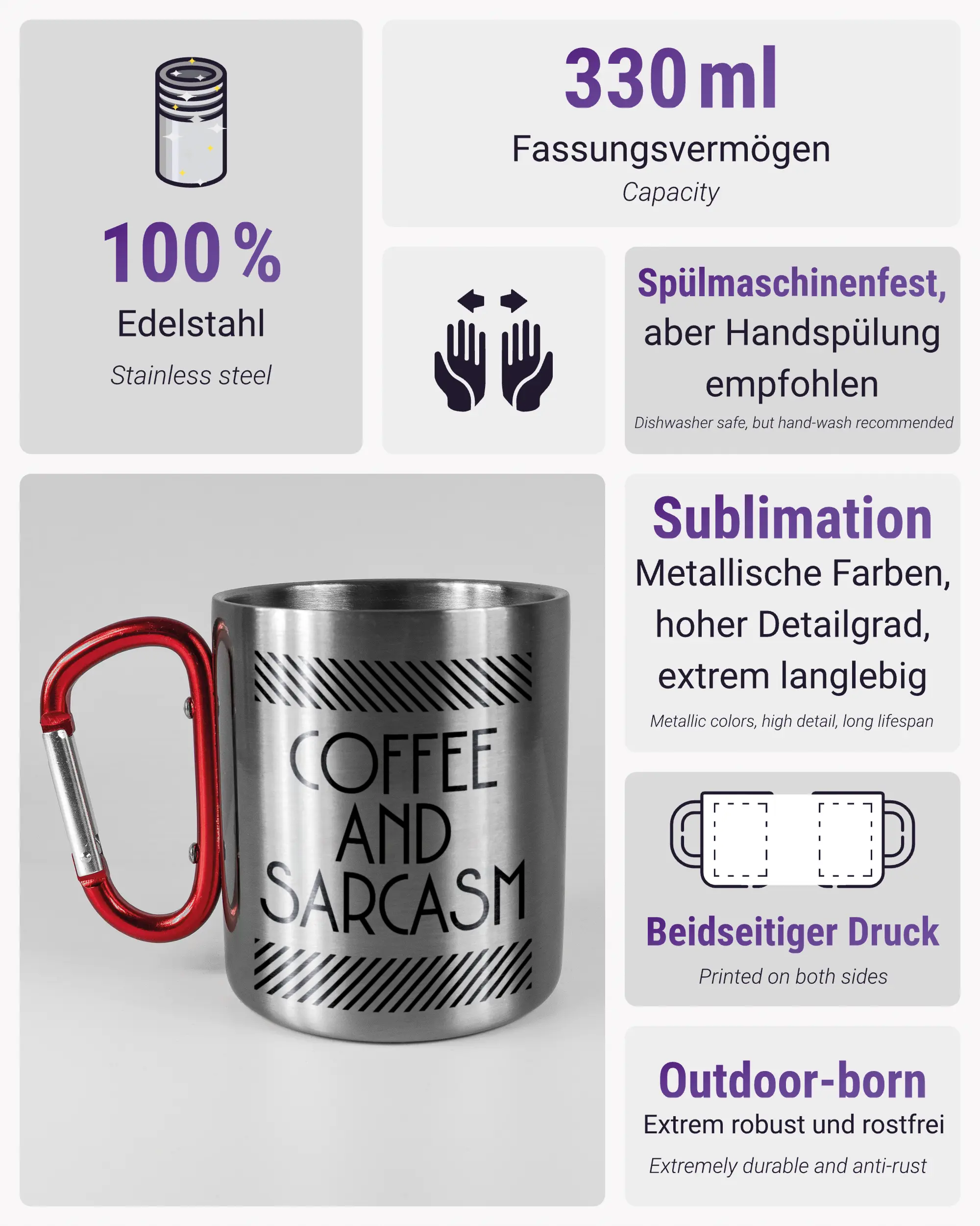 Produktinformationsblatt der beidseitig bedruckten Edelstahltasse von Maondo mit dem Design Sarcastic Cup in der Farbe Metallic-Red
